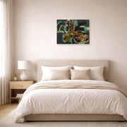 Unframed poster print of Joan Miró's 'Still Life with Old Shoe' displayed on a wall in a bedroom