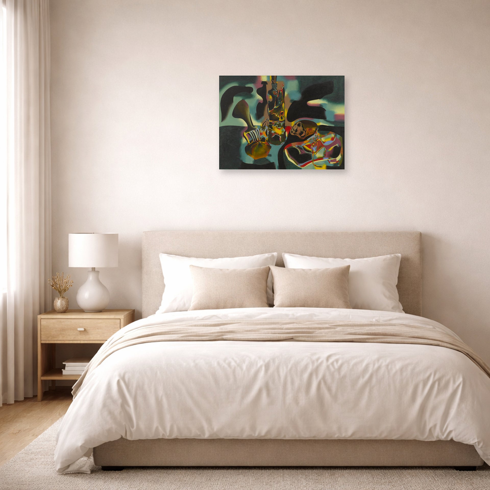 Unframed poster print of Joan Miró's 'Still Life with Old Shoe' displayed on a wall in a bedroom