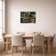 Unframed poster print of Joan Miró's 'Still Life with Old Shoe' displayed on a wall in a dining room