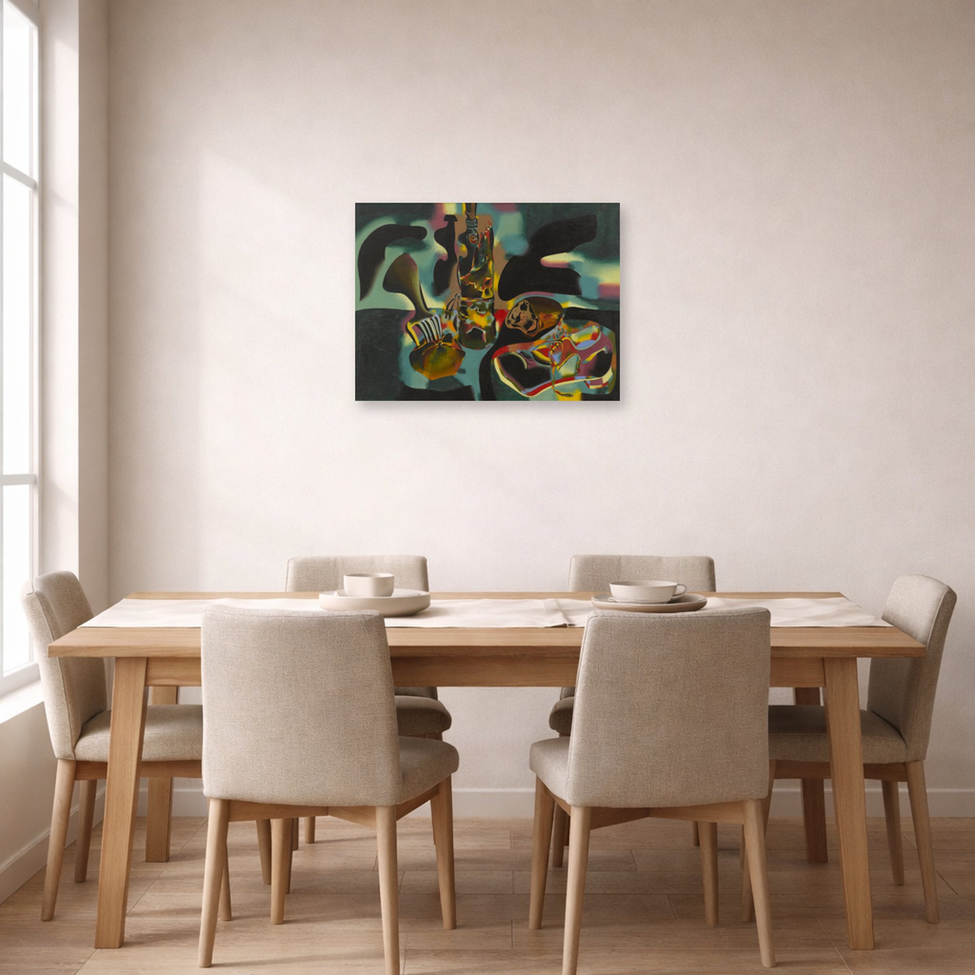 Unframed poster print of Joan Miró's 'Still Life with Old Shoe' displayed on a wall in a dining room
