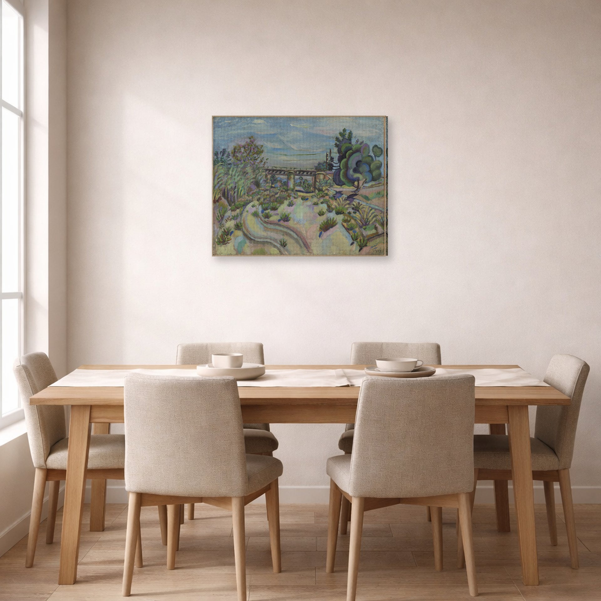 Gallery-wrapped canvas print of Joan Miró's 'The Bridge' displayed on a wall in a dining room