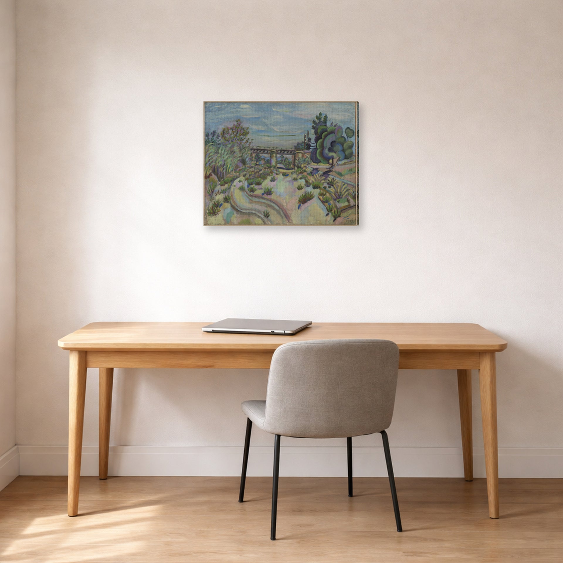 Gallery-wrapped canvas print of Joan Miró's 'The Bridge' displayed on a wall in a office