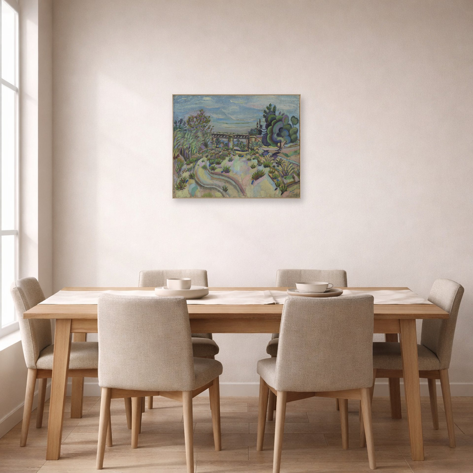Unframed poster print of Joan Miró's 'The Bridge' displayed on a wall in a dining room
