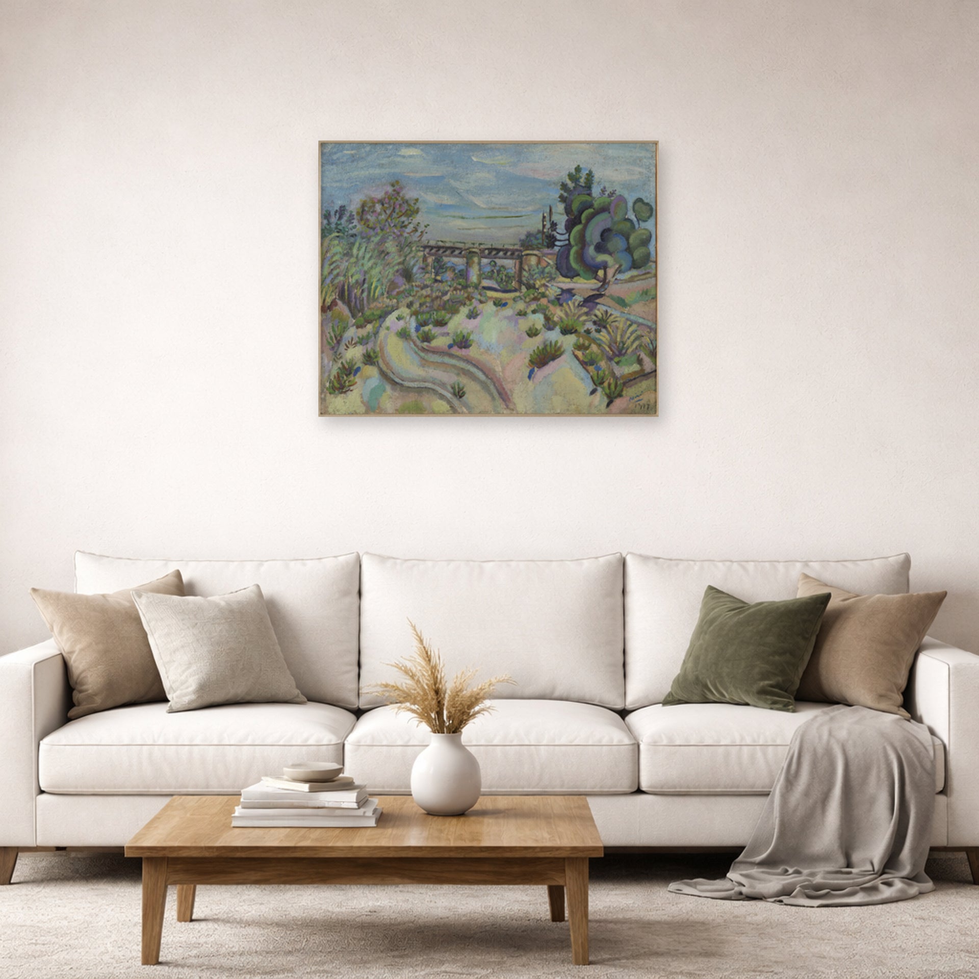 Unframed poster print of Joan Miró's 'The Bridge' displayed on a wall in a living room