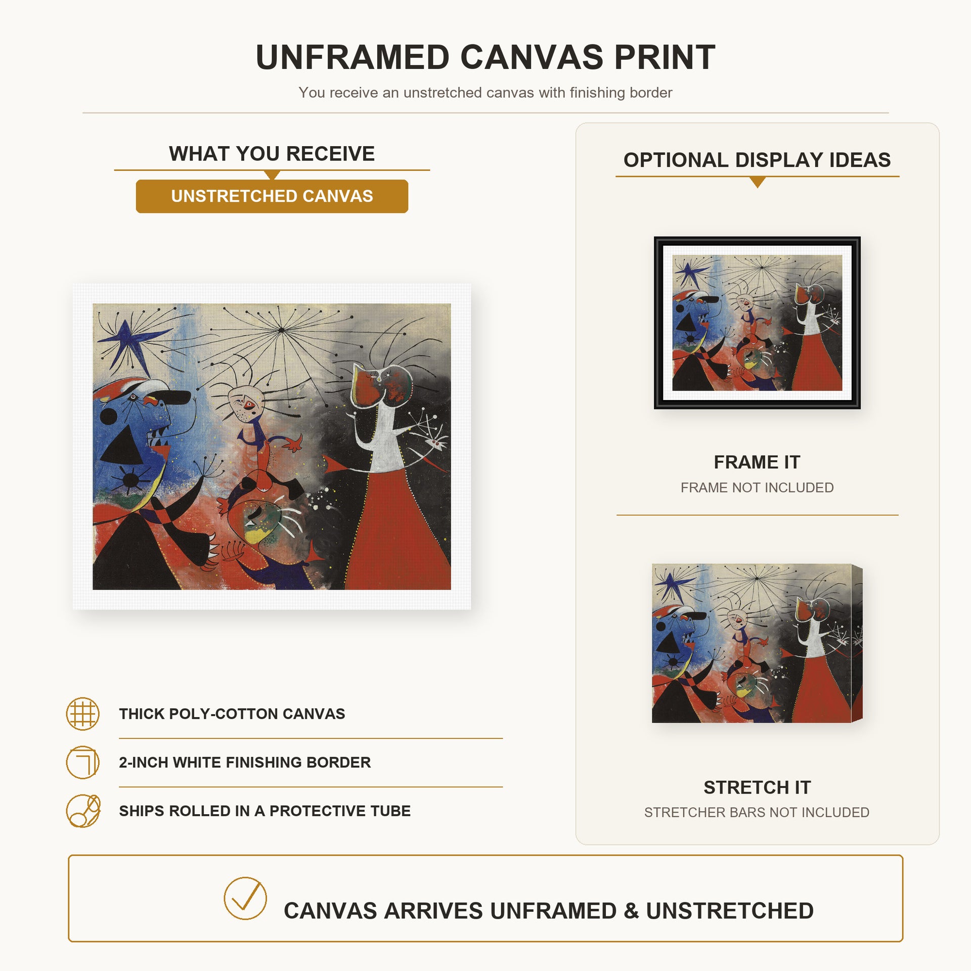 Joan Miró - The Caress of the Stars canvas print size comparison and framing display infographic