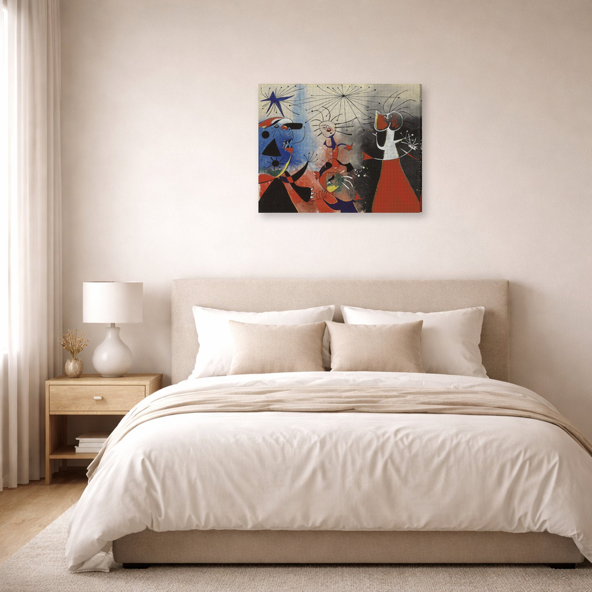 Gallery-wrapped canvas print of Joan Miró's 'The Caress of the Stars' displayed on a wall in a bedroom