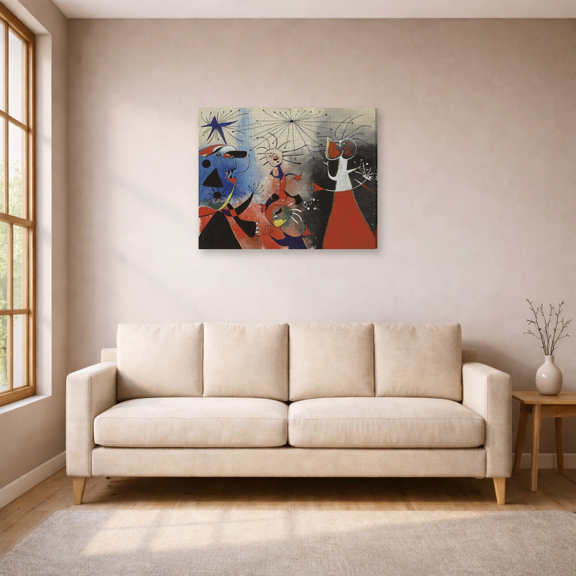 Gallery-wrapped canvas print of Joan Miró's 'The Caress of the Stars' displayed on a wall in a living room
