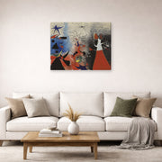 Gallery-wrapped canvas print of Joan Miró's 'The Caress of the Stars' displayed on a wall in a living room