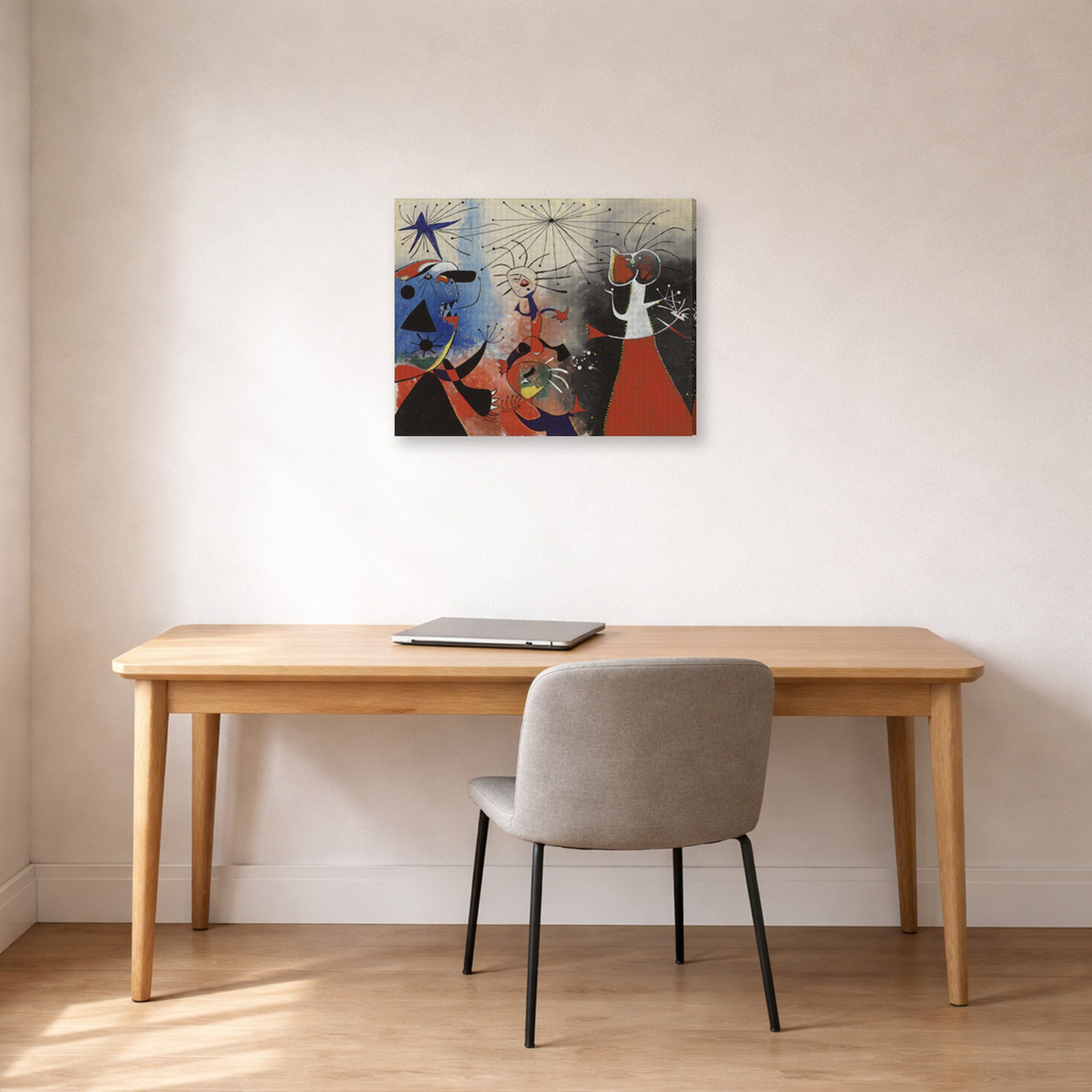 Gallery-wrapped canvas print of Joan Miró's 'The Caress of the Stars' displayed on a wall in a office