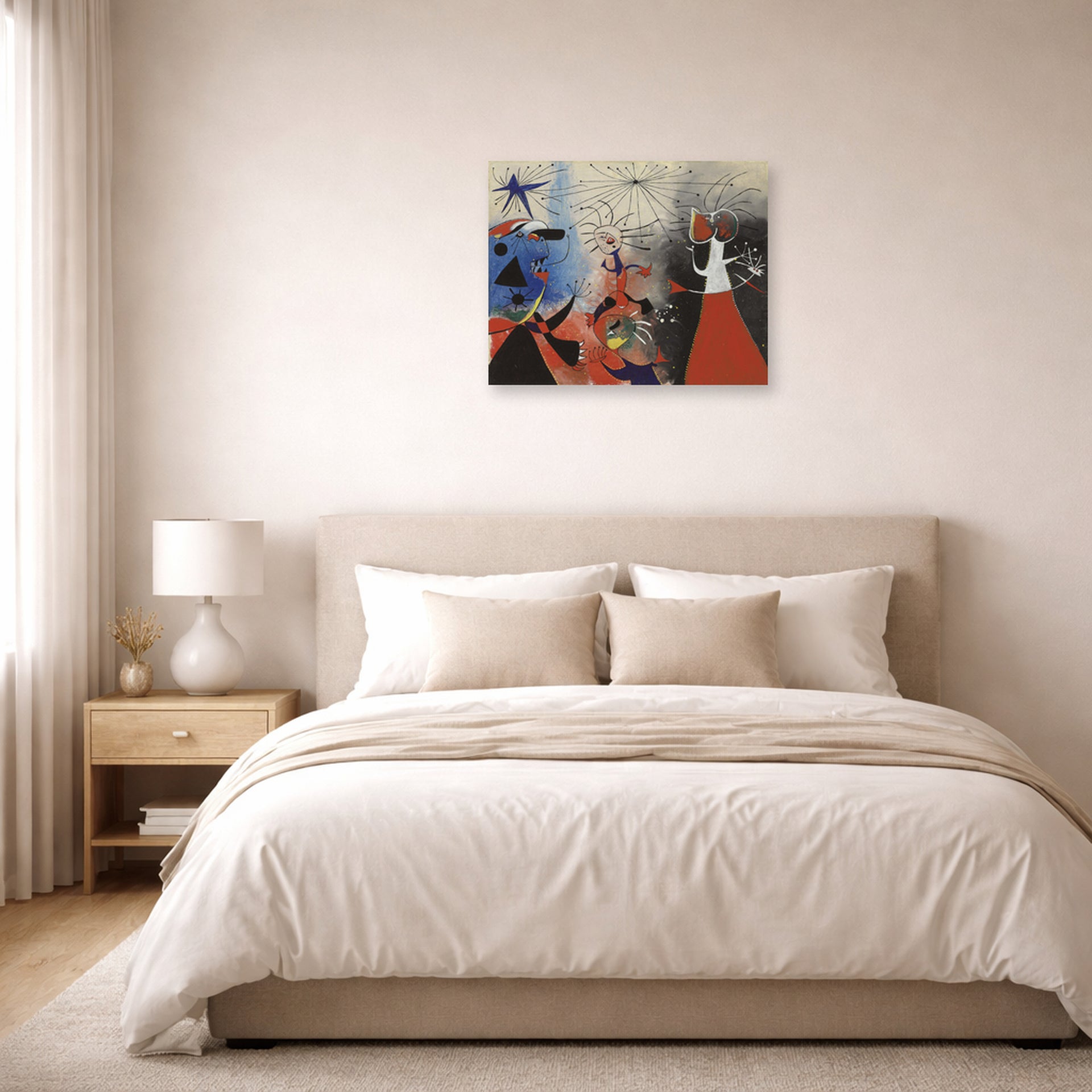 Unframed poster print of Joan Miró's 'The Caress of the Stars' displayed on a wall in a bedroom