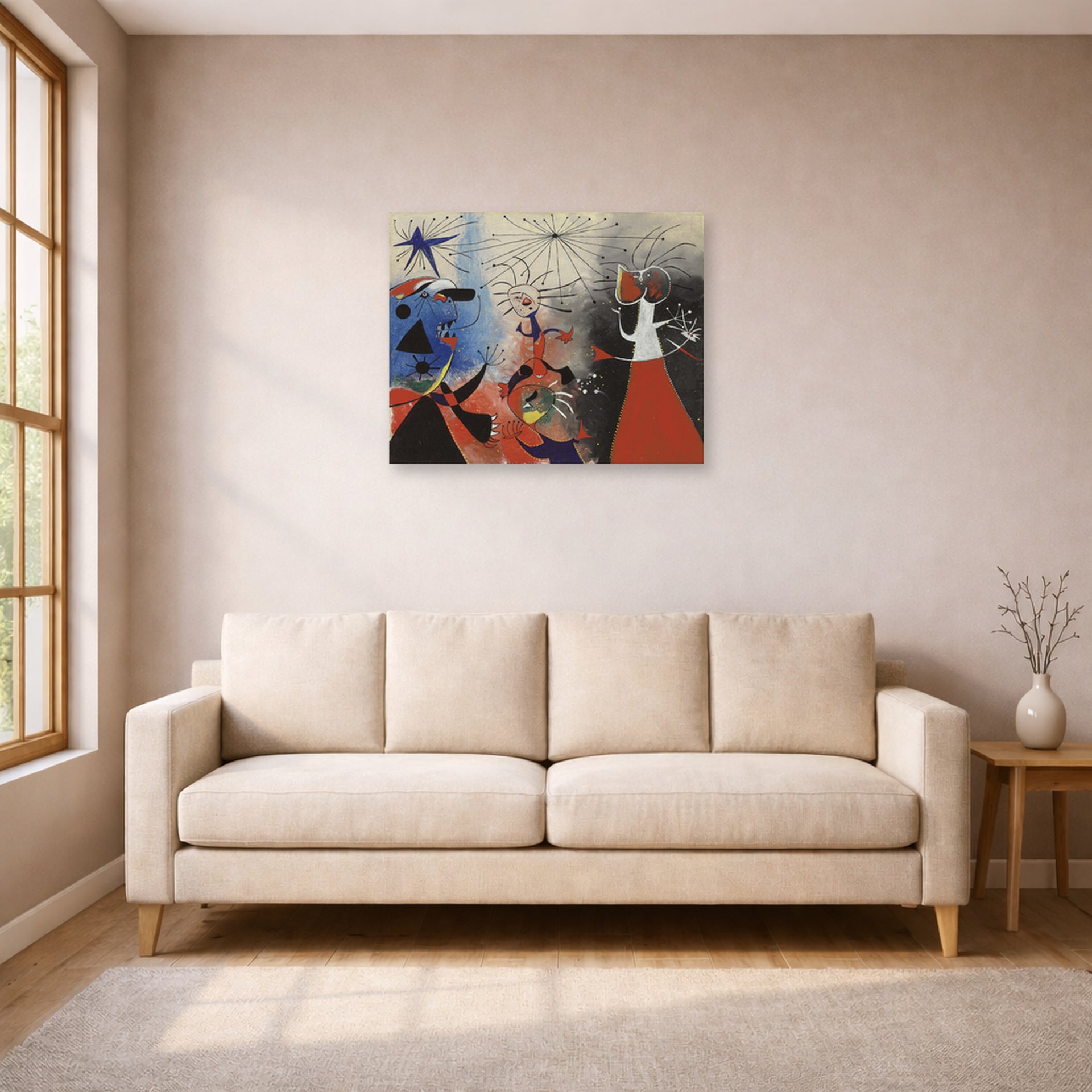 Unframed poster print of Joan Miró's 'The Caress of the Stars' displayed on a wall in a living room