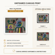 Joan Miró - The Encircling Golden Bird Sparkling Poet's Thought canvas print size comparison and framing display infographic