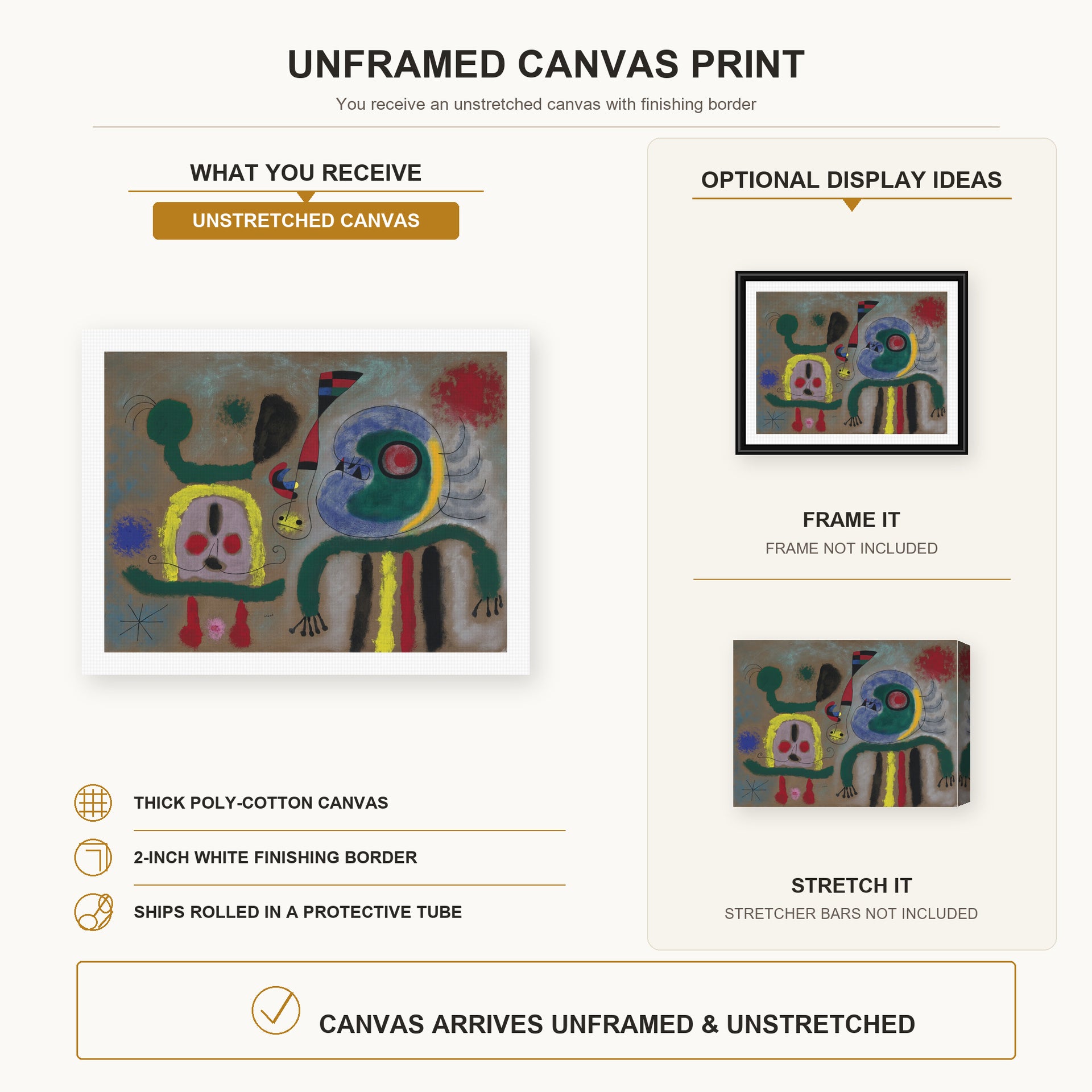 Joan Miró - The Encircling Golden Bird Sparkling Poet's Thought canvas print size comparison and framing display infographic