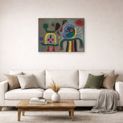 Gallery-wrapped canvas print of Joan Miró's 'The Encircling Golden Bird Sparkling Poet's Thought' displayed on a wall in a living room