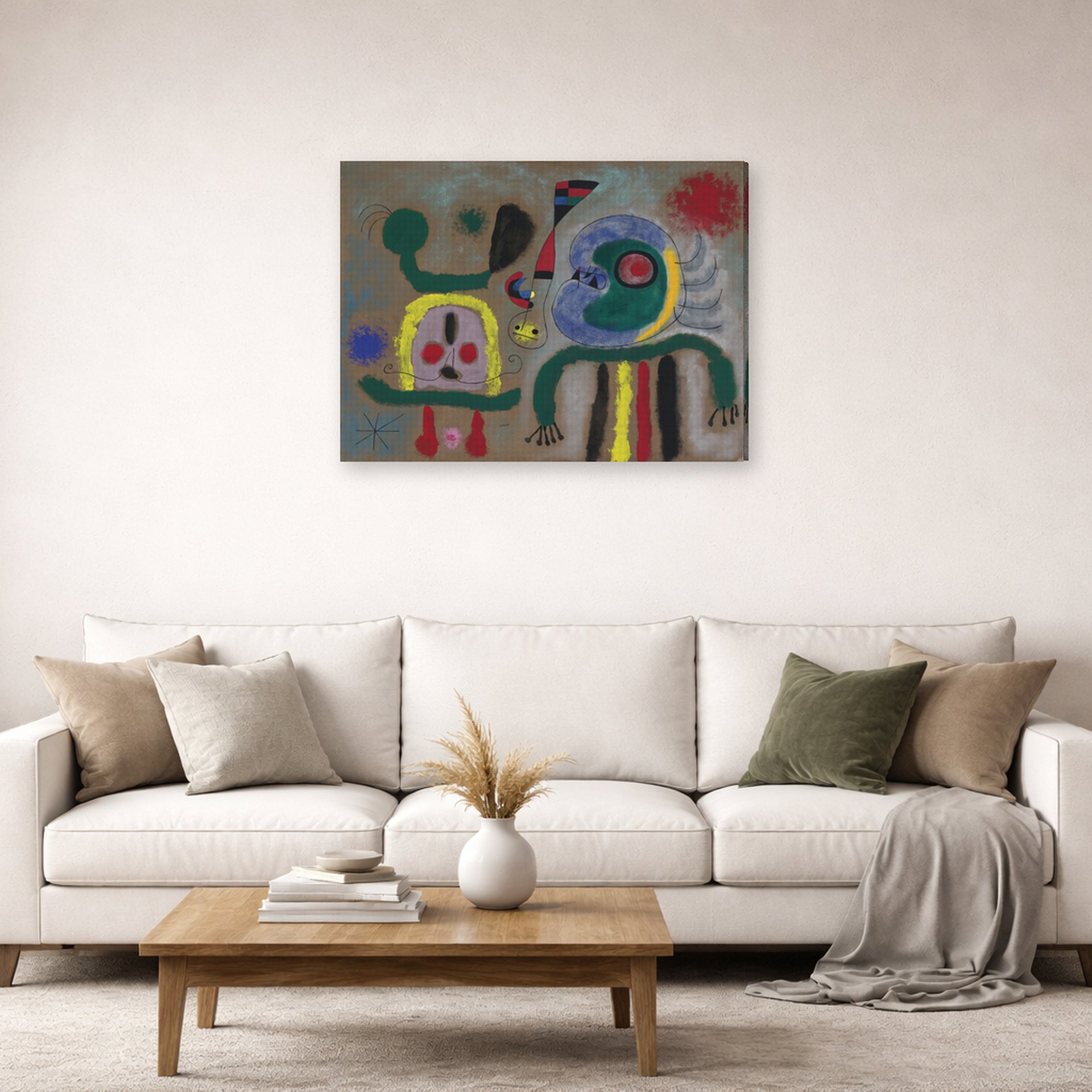 Gallery-wrapped canvas print of Joan Miró's 'The Encircling Golden Bird Sparkling Poet's Thought' displayed on a wall in a living room