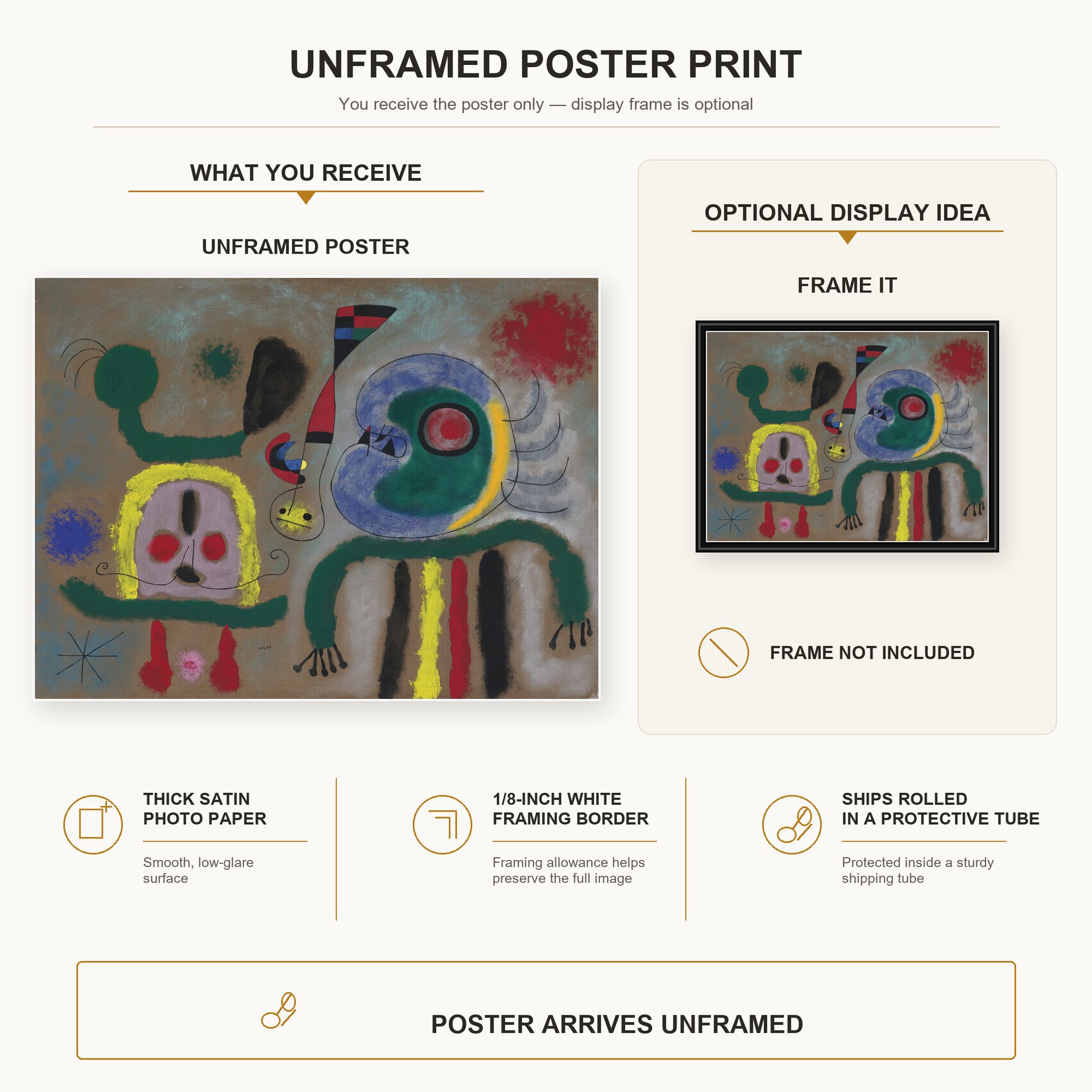 Joan Miró - The Encircling Golden Bird Sparkling Poet's Thought poster print size comparison and framing display infographic