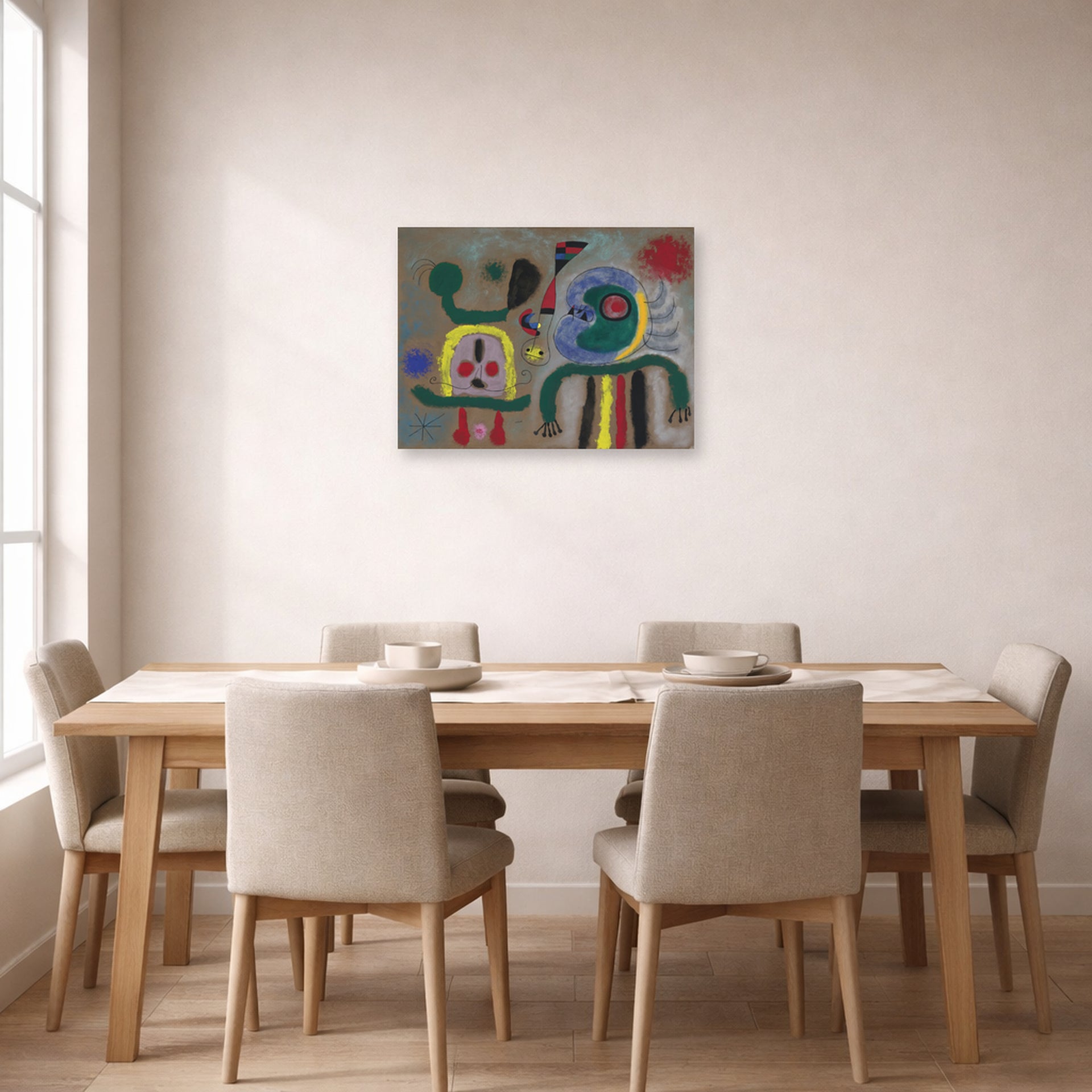 Unframed poster print of Joan Miró's 'The Encircling Golden Bird Sparkling Poet's Thought' displayed on a wall in a dining room