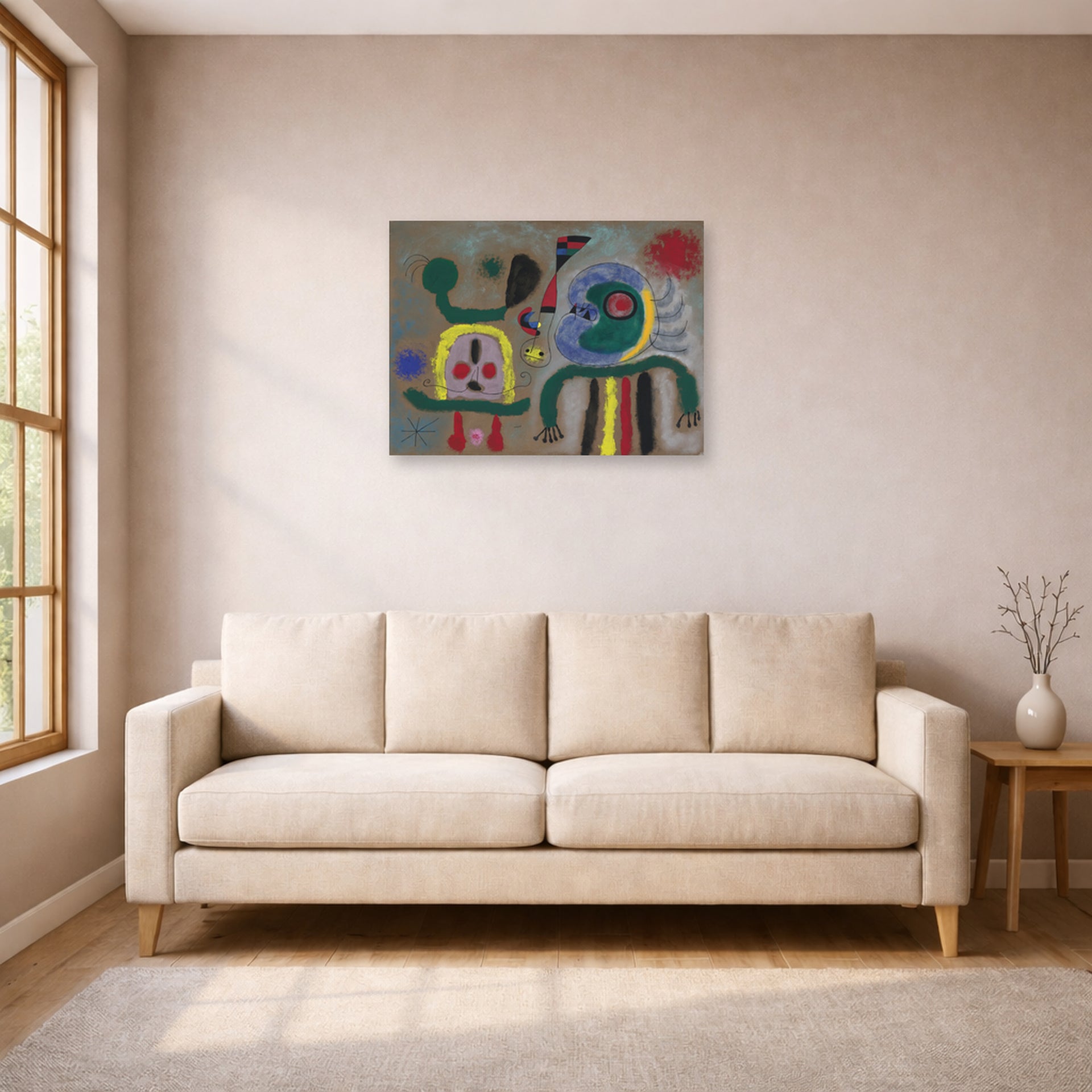 Unframed poster print of Joan Miró's 'The Encircling Golden Bird Sparkling Poet's Thought' displayed on a wall in a living room