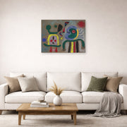 Unframed poster print of Joan Miró's 'The Encircling Golden Bird Sparkling Poet's Thought' displayed on a wall in a living room