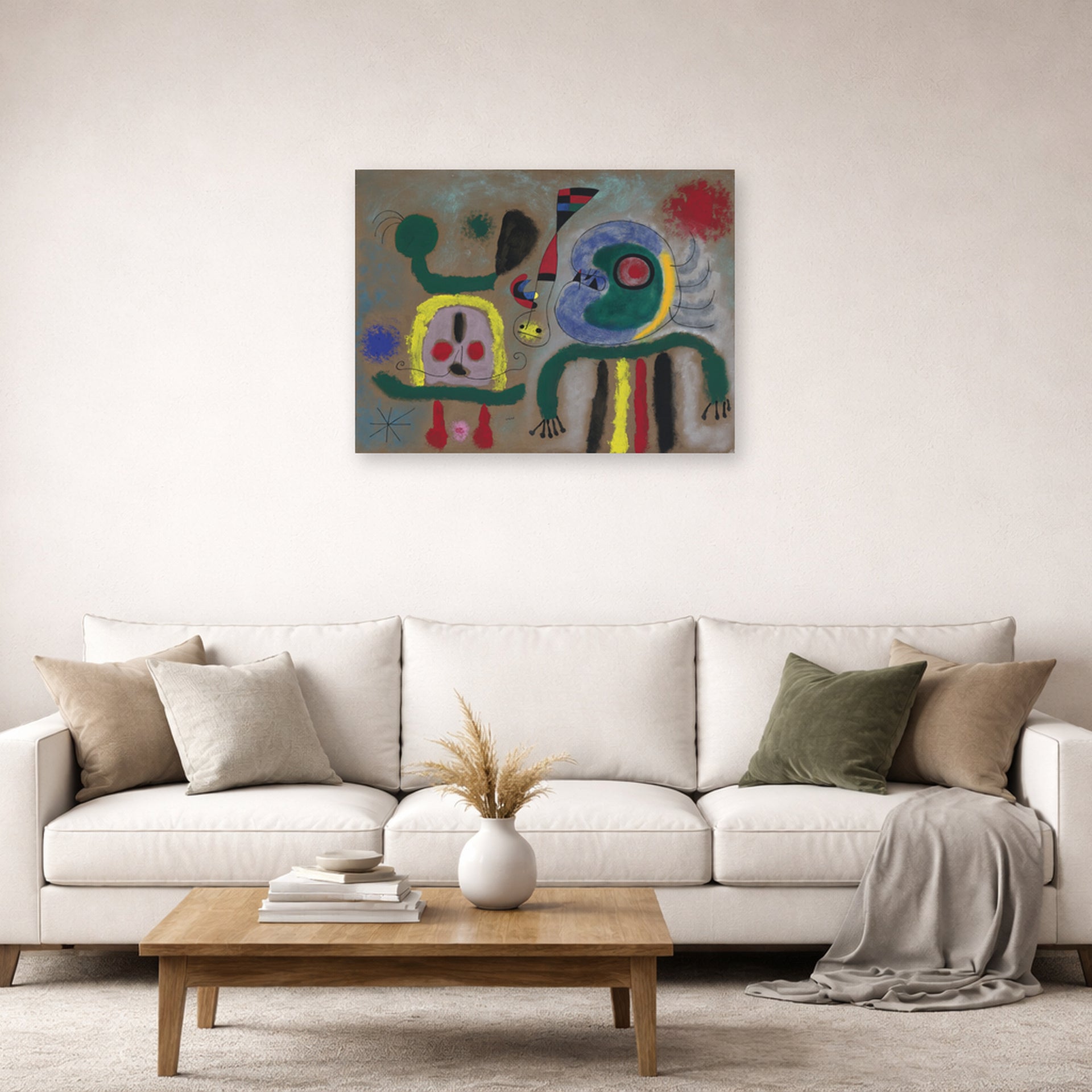 Unframed poster print of Joan Miró's 'The Encircling Golden Bird Sparkling Poet's Thought' displayed on a wall in a living room