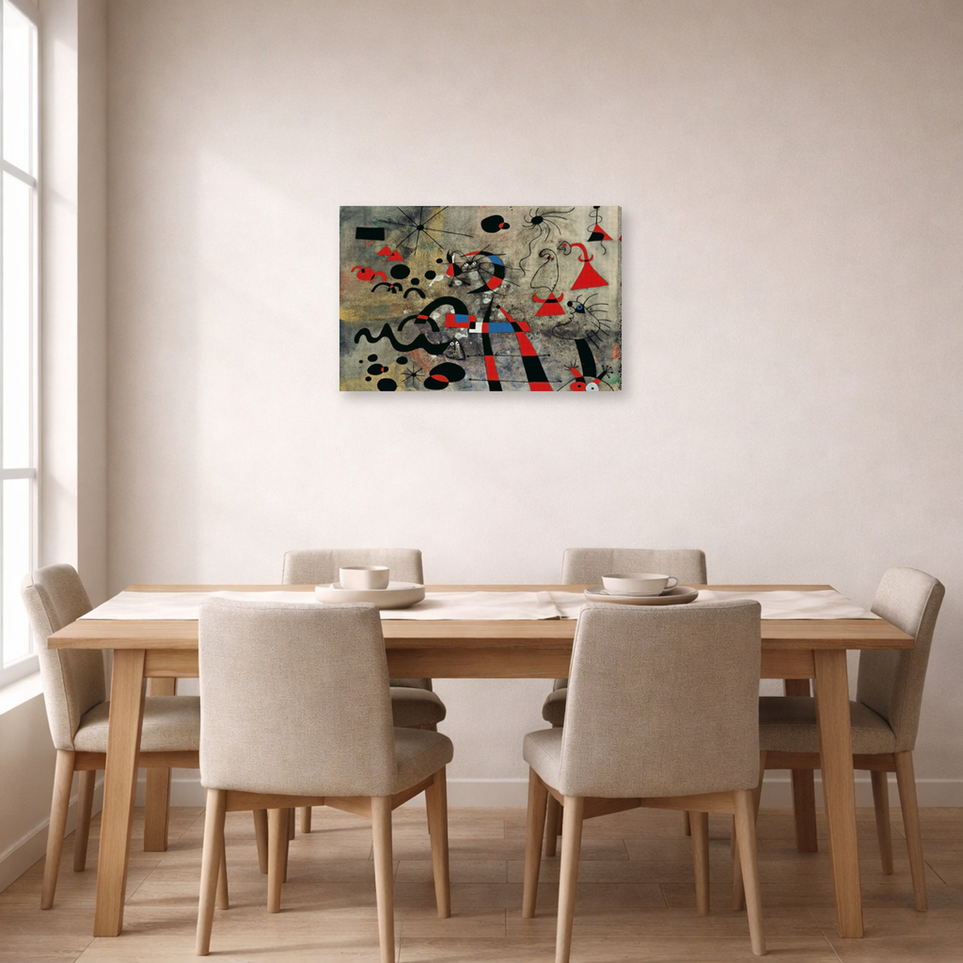 Gallery-wrapped canvas print of Joan Miró's 'The Escape Ladder' displayed on a wall in a dining room
