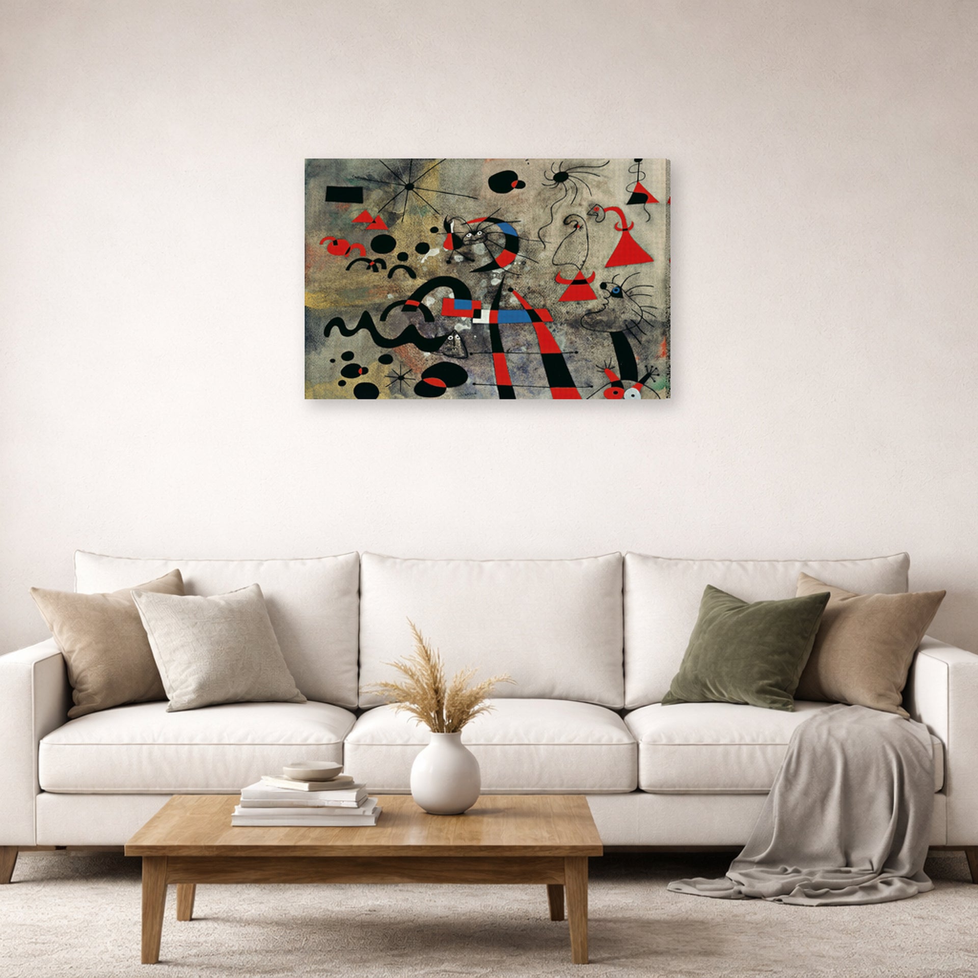 Gallery-wrapped canvas print of Joan Miró's 'The Escape Ladder' displayed on a wall in a living room