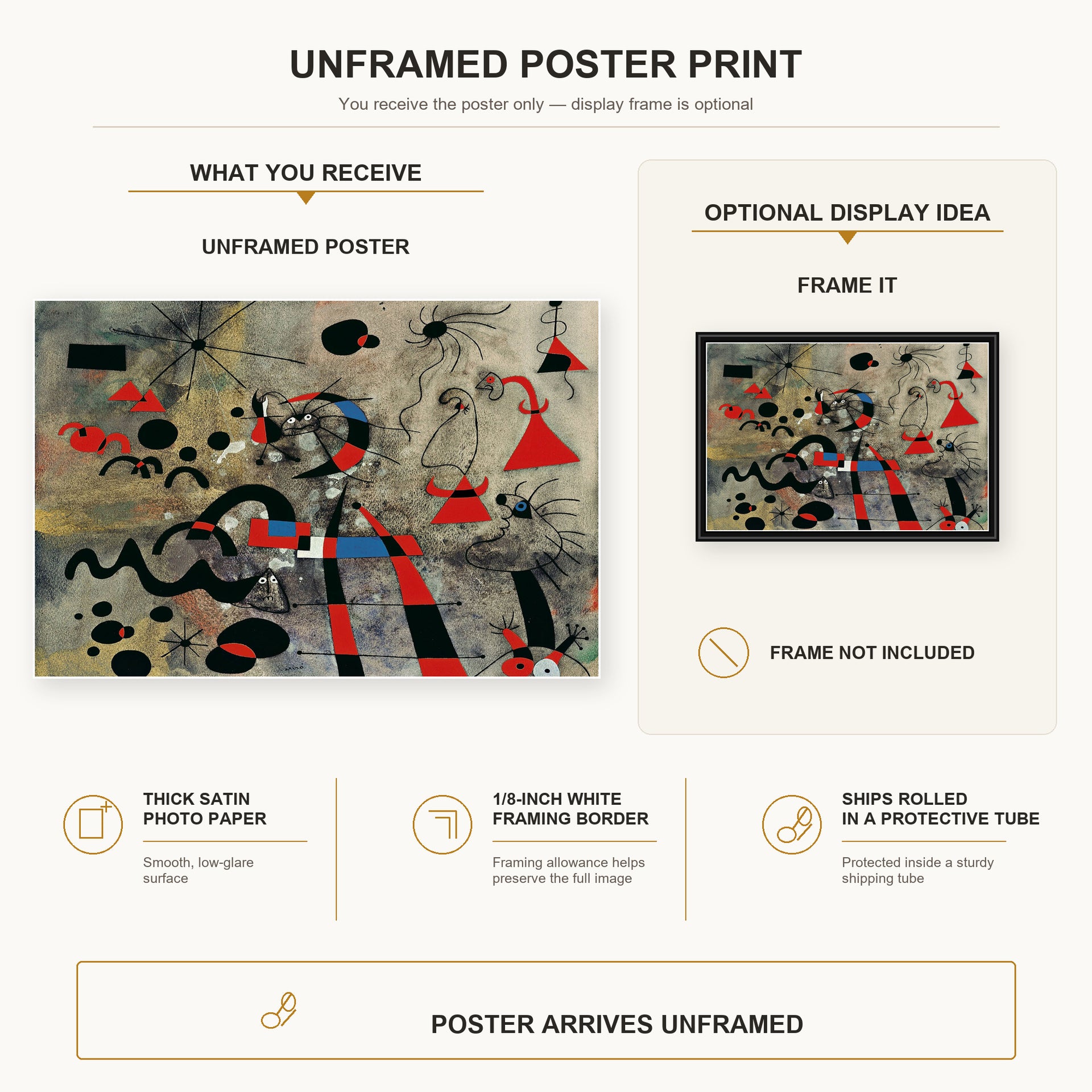 Joan Miró - The Escape Ladder poster print size comparison and framing display infographic
