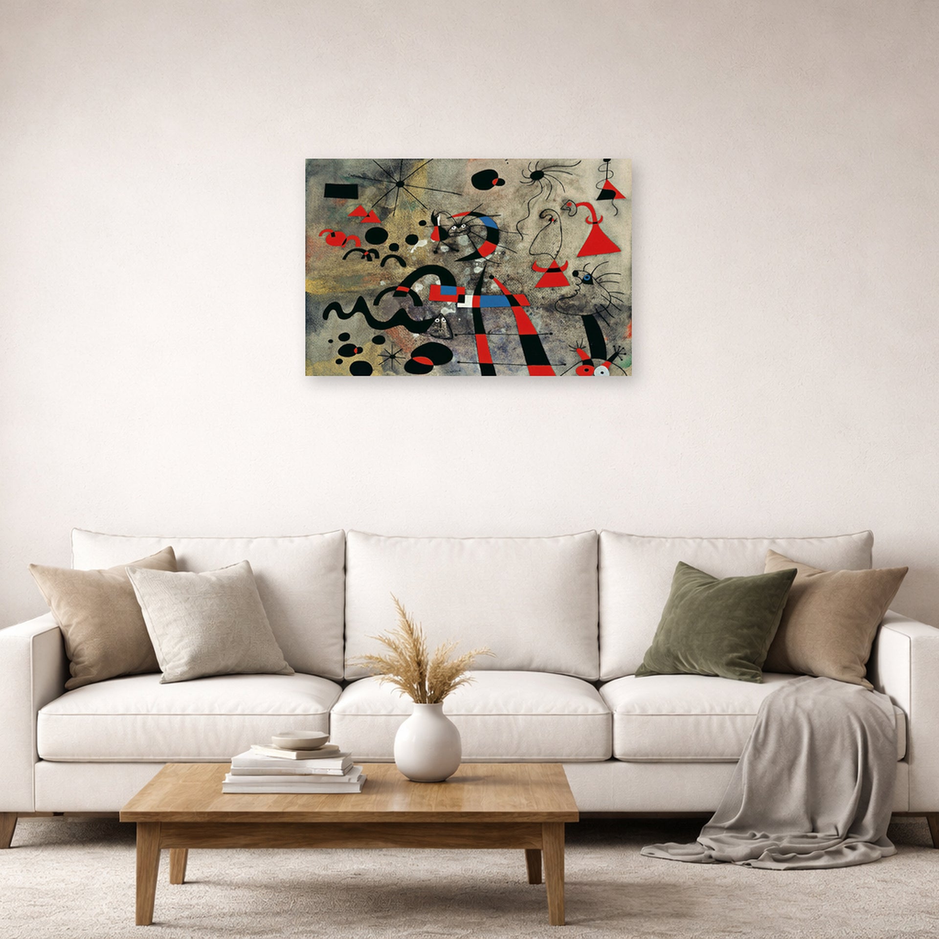 Unframed poster print of Joan Miró's 'The Escape Ladder' displayed on a wall in a living room