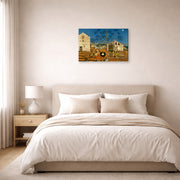 Gallery-wrapped canvas print of Joan Miró's 'The Farm' displayed on a wall in a bedroom
