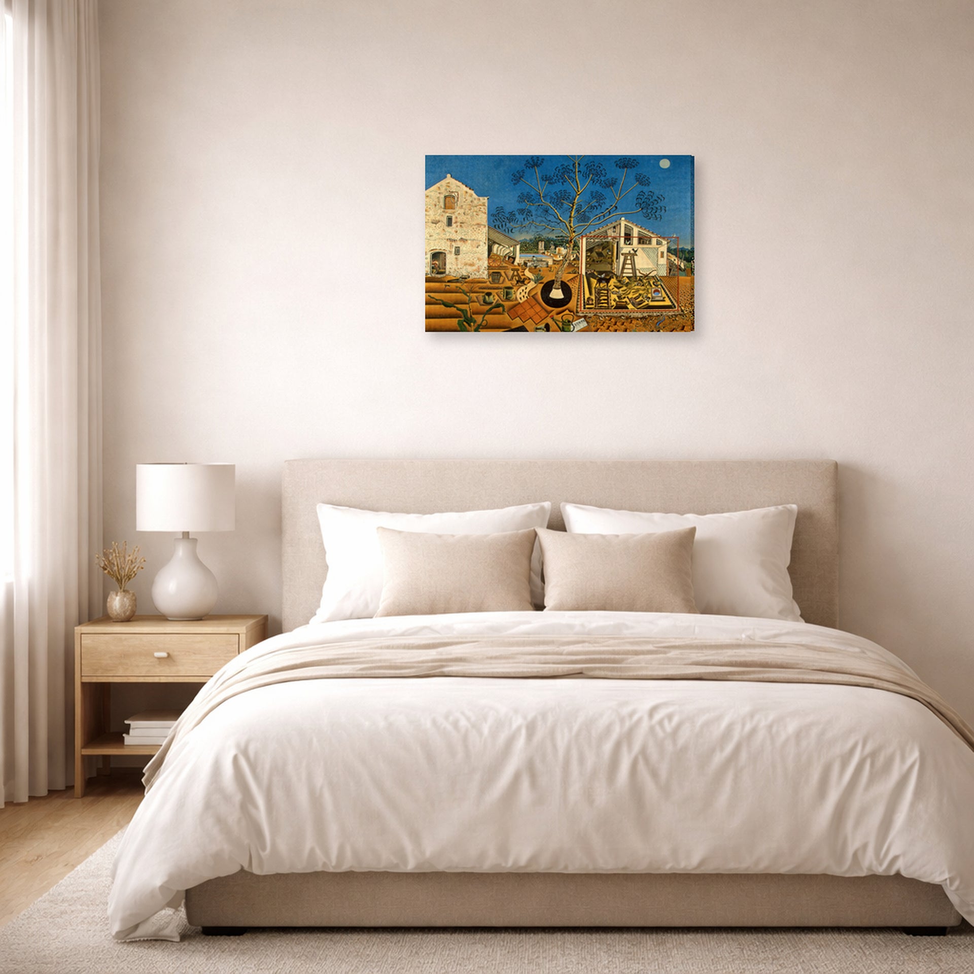 Gallery-wrapped canvas print of Joan Miró's 'The Farm' displayed on a wall in a bedroom