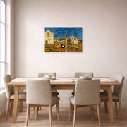 Gallery-wrapped canvas print of Joan Miró's 'The Farm' displayed on a wall in a dining room