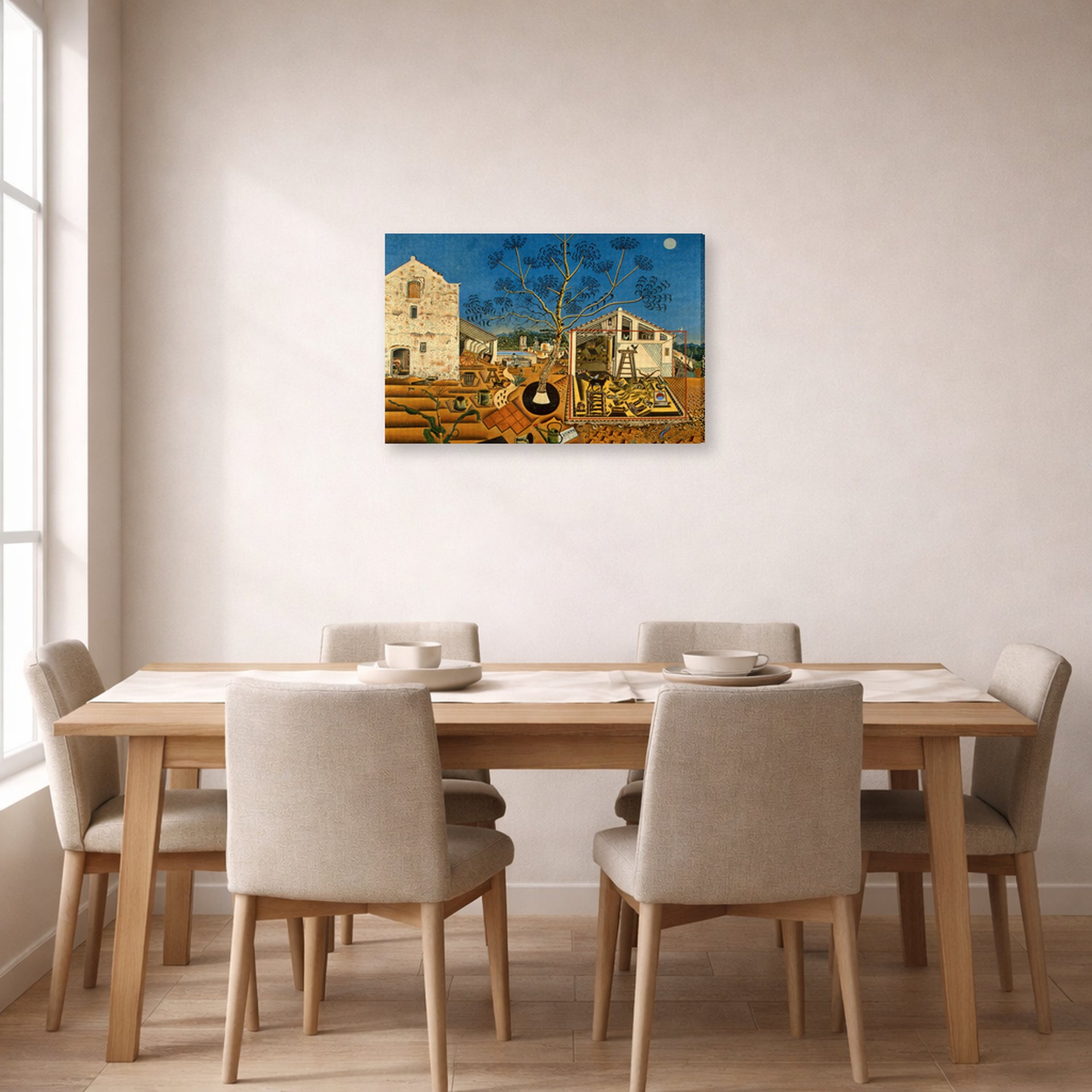 Gallery-wrapped canvas print of Joan Miró's 'The Farm' displayed on a wall in a dining room
