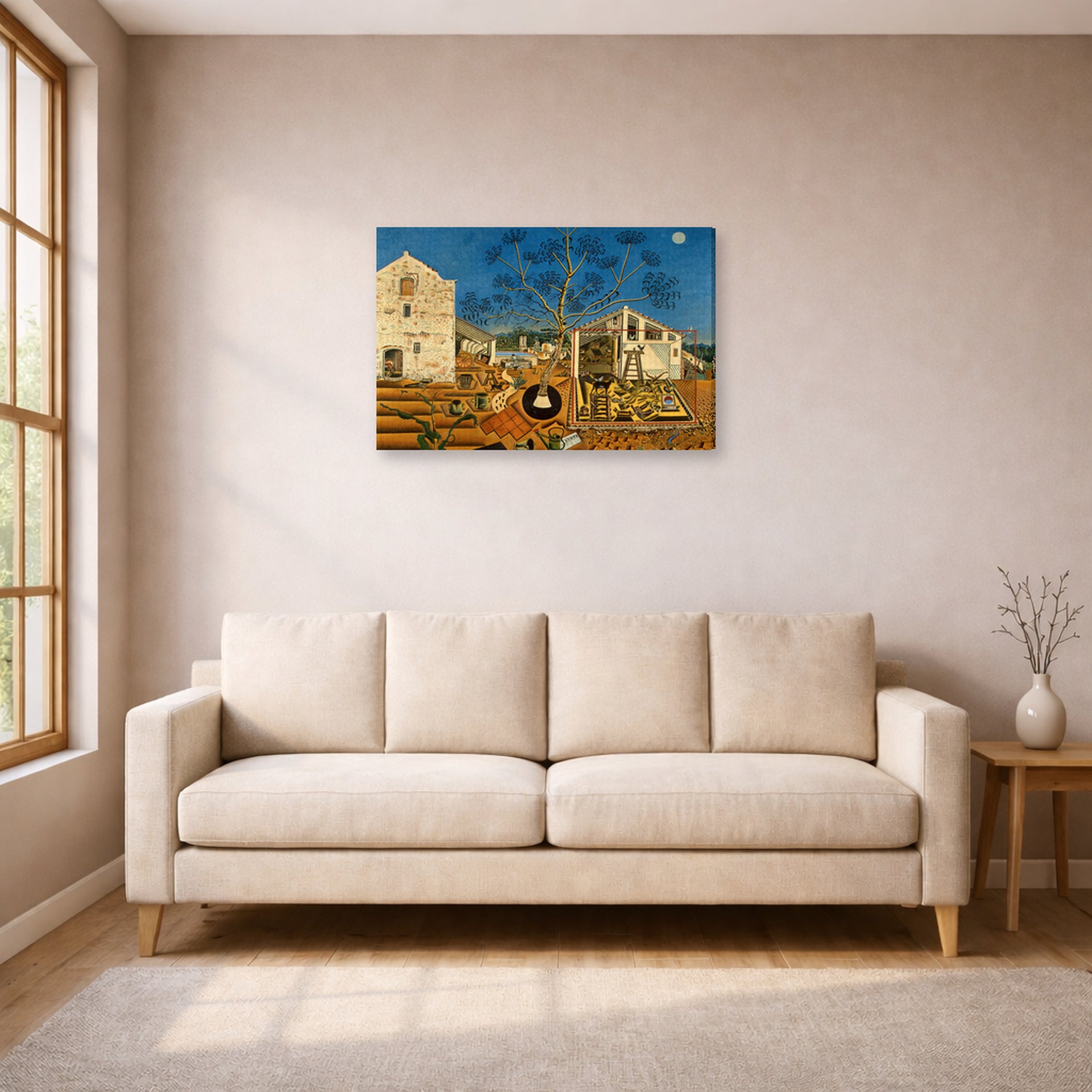 Gallery-wrapped canvas print of Joan Miró's 'The Farm' displayed on a wall in a living room