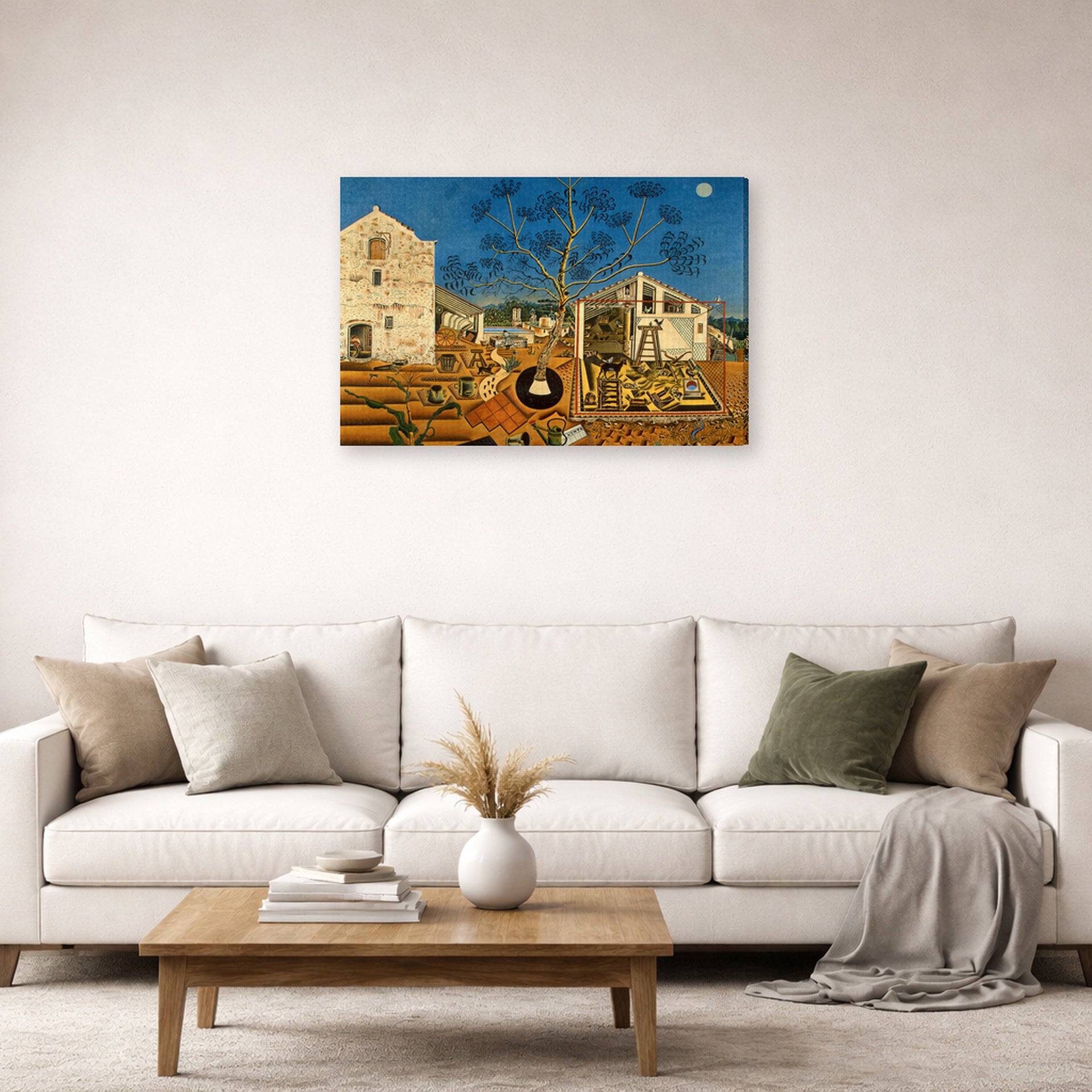 Gallery-wrapped canvas print of Joan Miró's 'The Farm' displayed on a wall in a living room