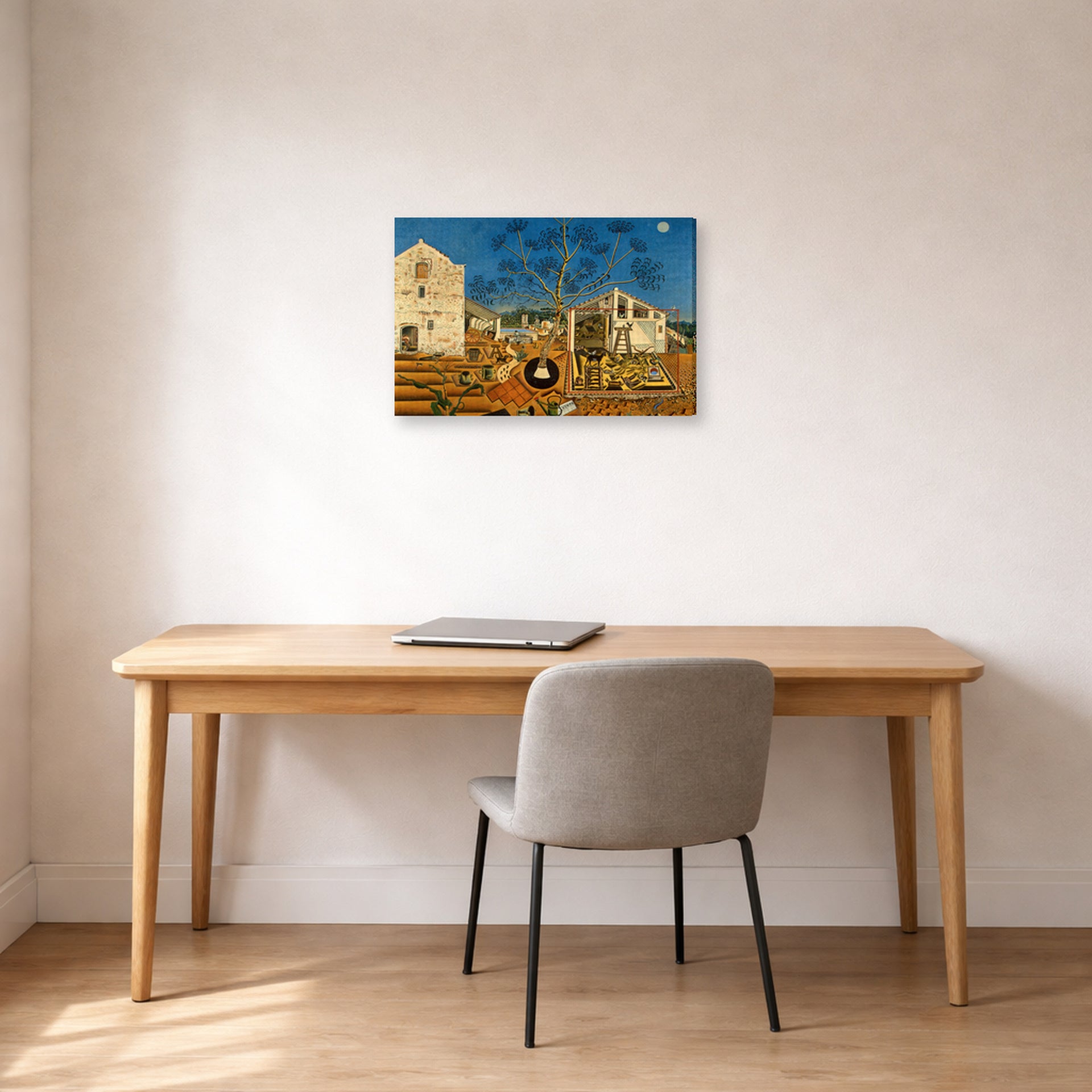 Gallery-wrapped canvas print of Joan Miró's 'The Farm' displayed on a wall in a office