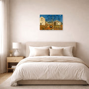 Unframed poster print of Joan Miró's 'The Farm' displayed on a wall in a bedroom