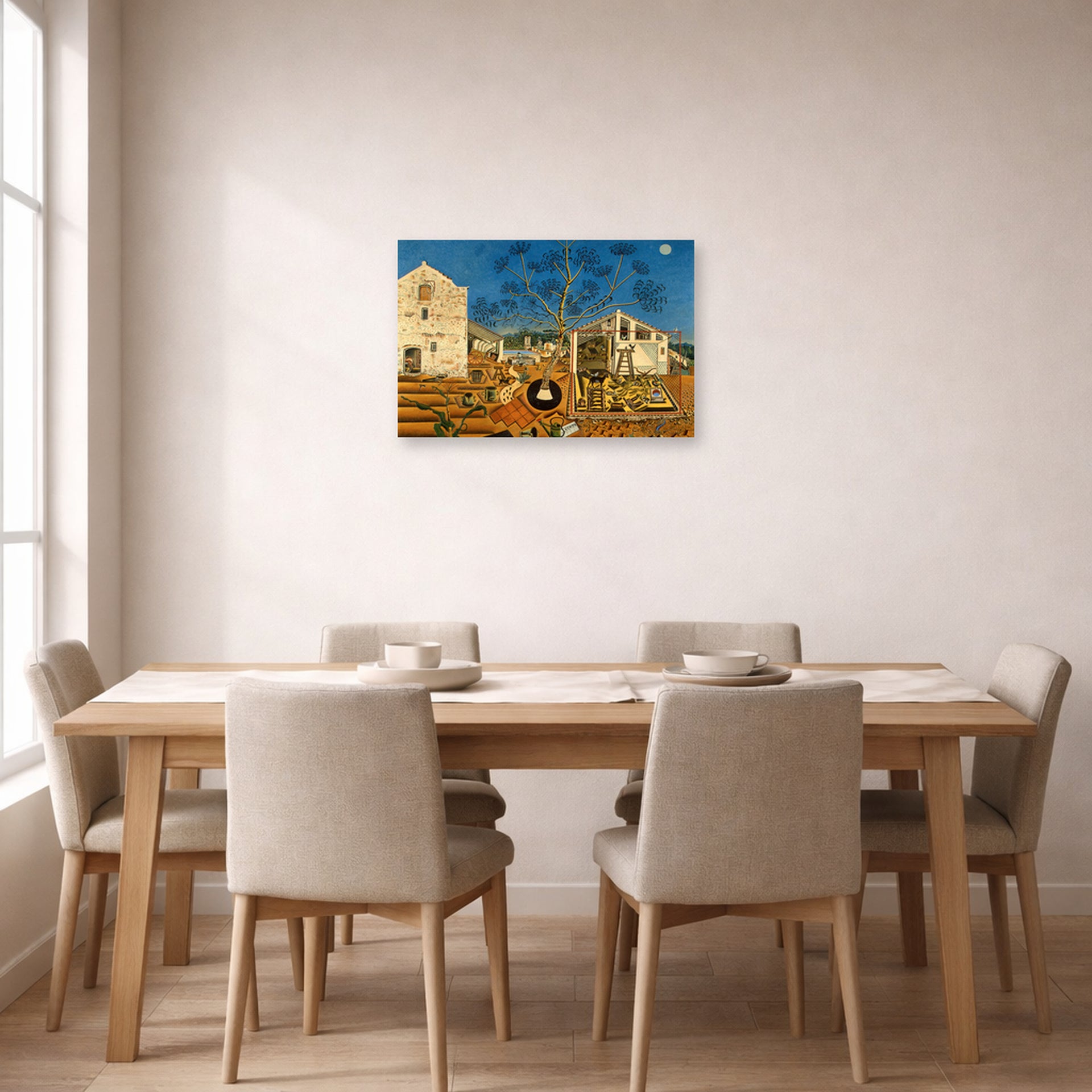 Unframed poster print of Joan Miró's 'The Farm' displayed on a wall in a dining room
