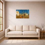 Unframed poster print of Joan Miró's 'The Farm' displayed on a wall in a living room