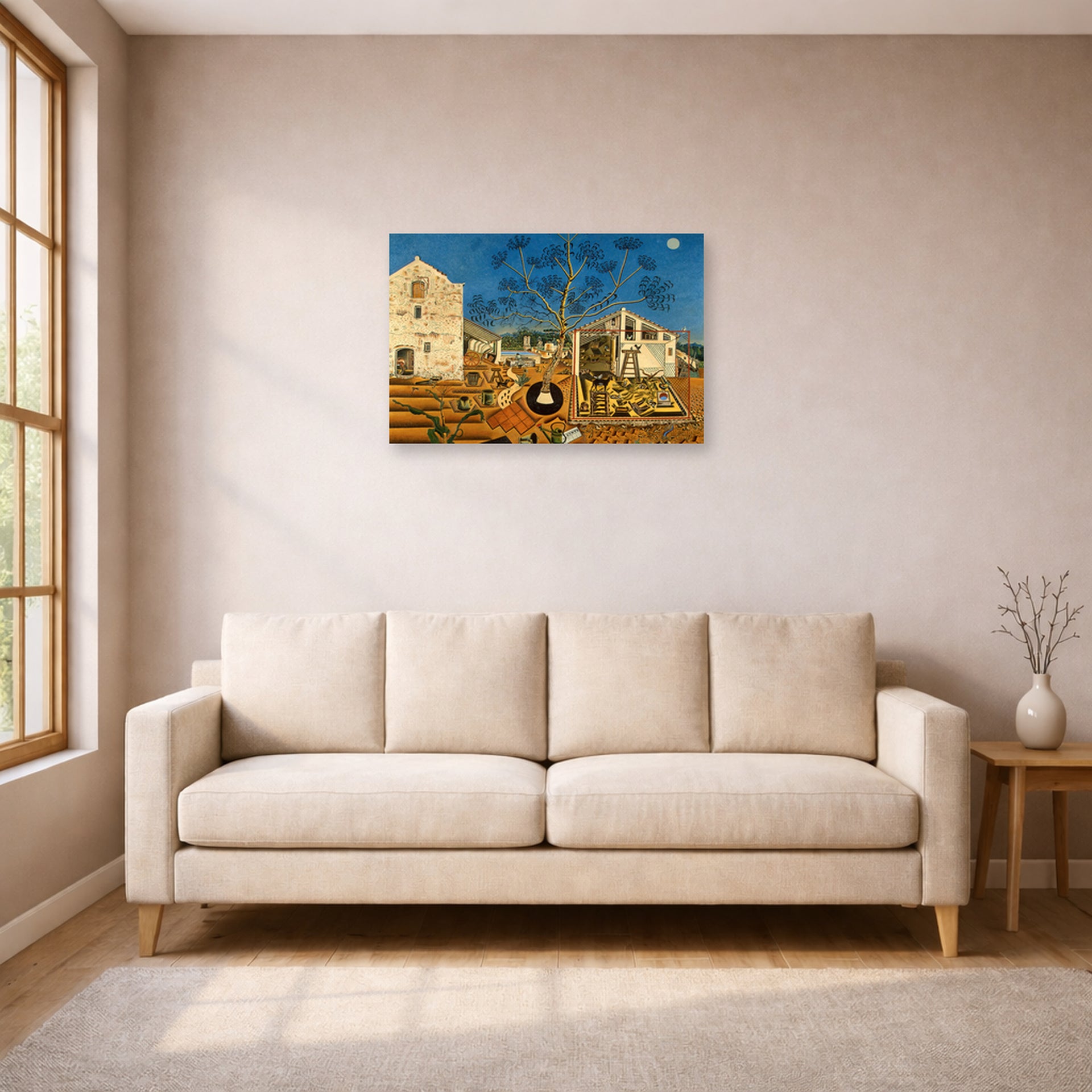 Unframed poster print of Joan Miró's 'The Farm' displayed on a wall in a living room