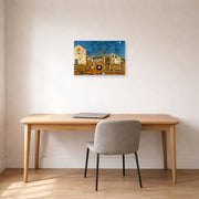 Unframed poster print of Joan Miró's 'The Farm' displayed on a wall in a office