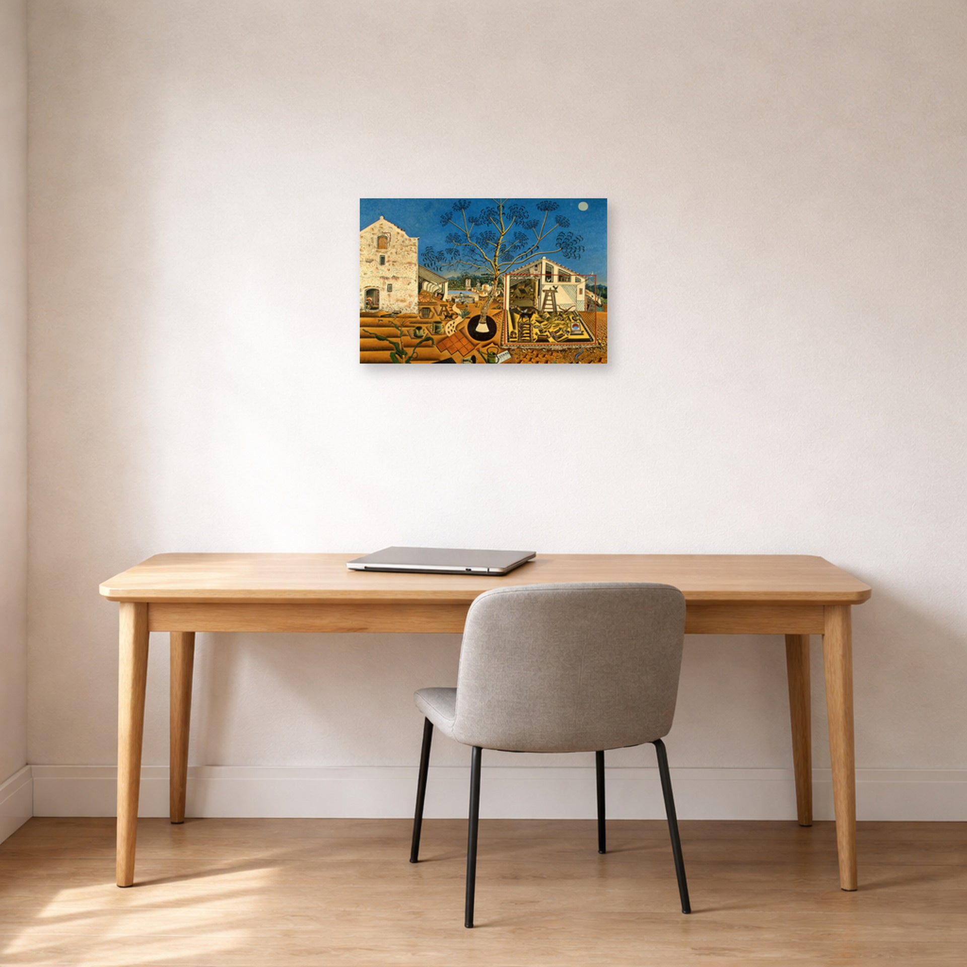 Unframed poster print of Joan Miró's 'The Farm' displayed on a wall in a office