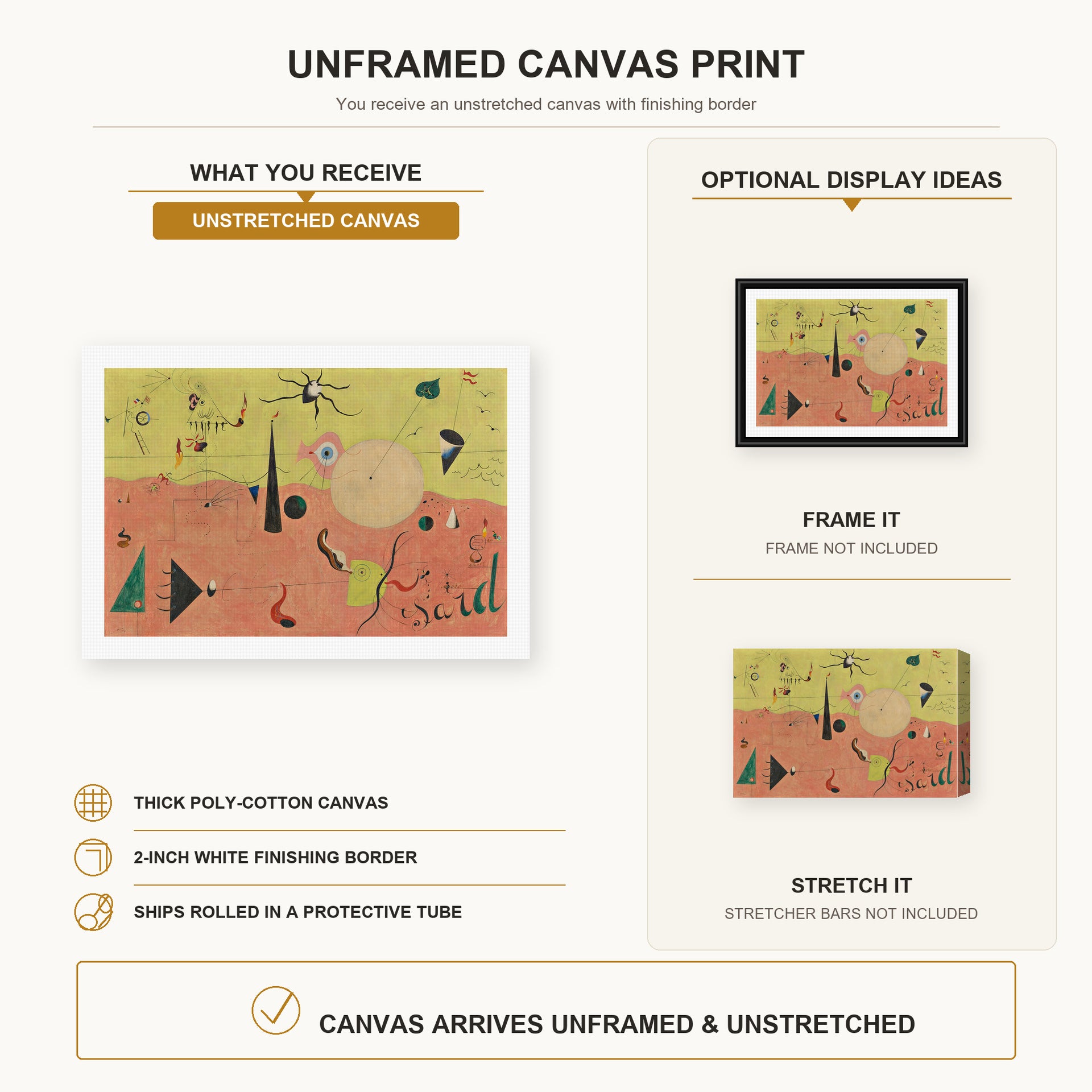 Joan Miró - The Hunter (catalan Landscape) canvas print size comparison and framing display infographic