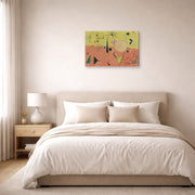 Gallery-wrapped canvas print of Joan Miró's 'The Hunter (catalan Landscape)' displayed on a wall in a bedroom