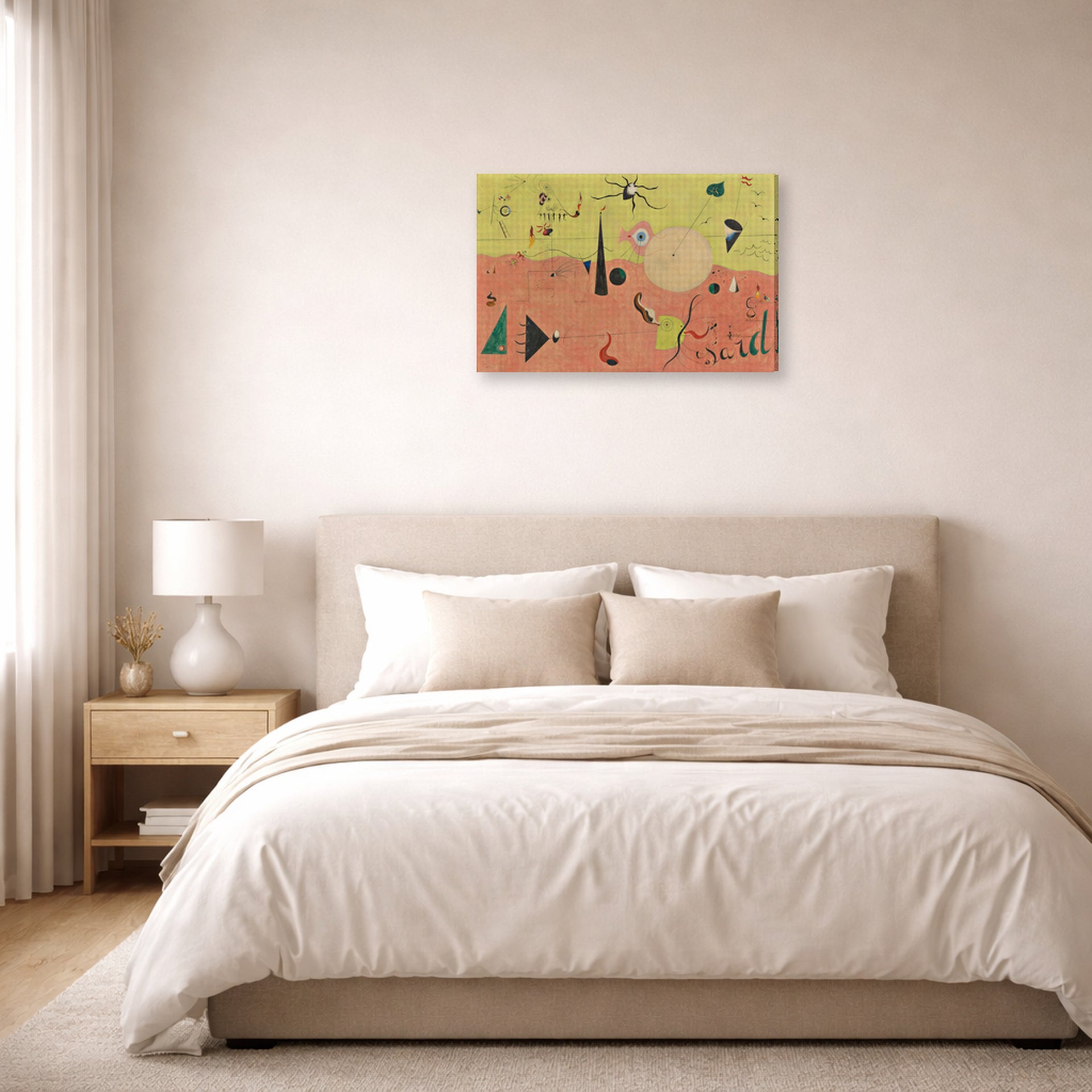 Gallery-wrapped canvas print of Joan Miró's 'The Hunter (catalan Landscape)' displayed on a wall in a bedroom