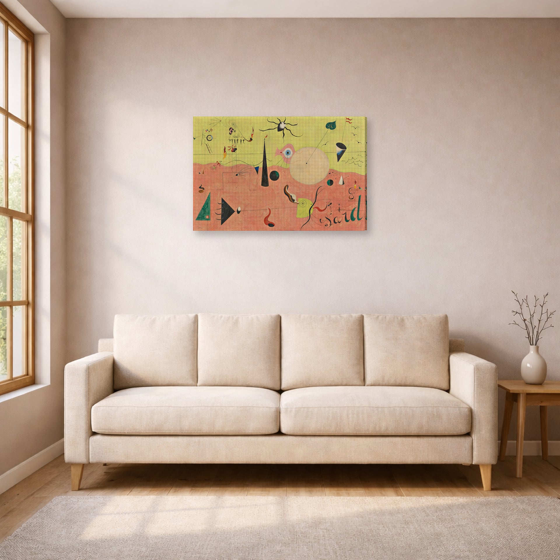 Gallery-wrapped canvas print of Joan Miró's 'The Hunter (catalan Landscape)' displayed on a wall in a living room