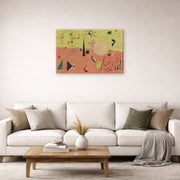 Gallery-wrapped canvas print of Joan Miró's 'The Hunter (catalan Landscape)' displayed on a wall in a living room