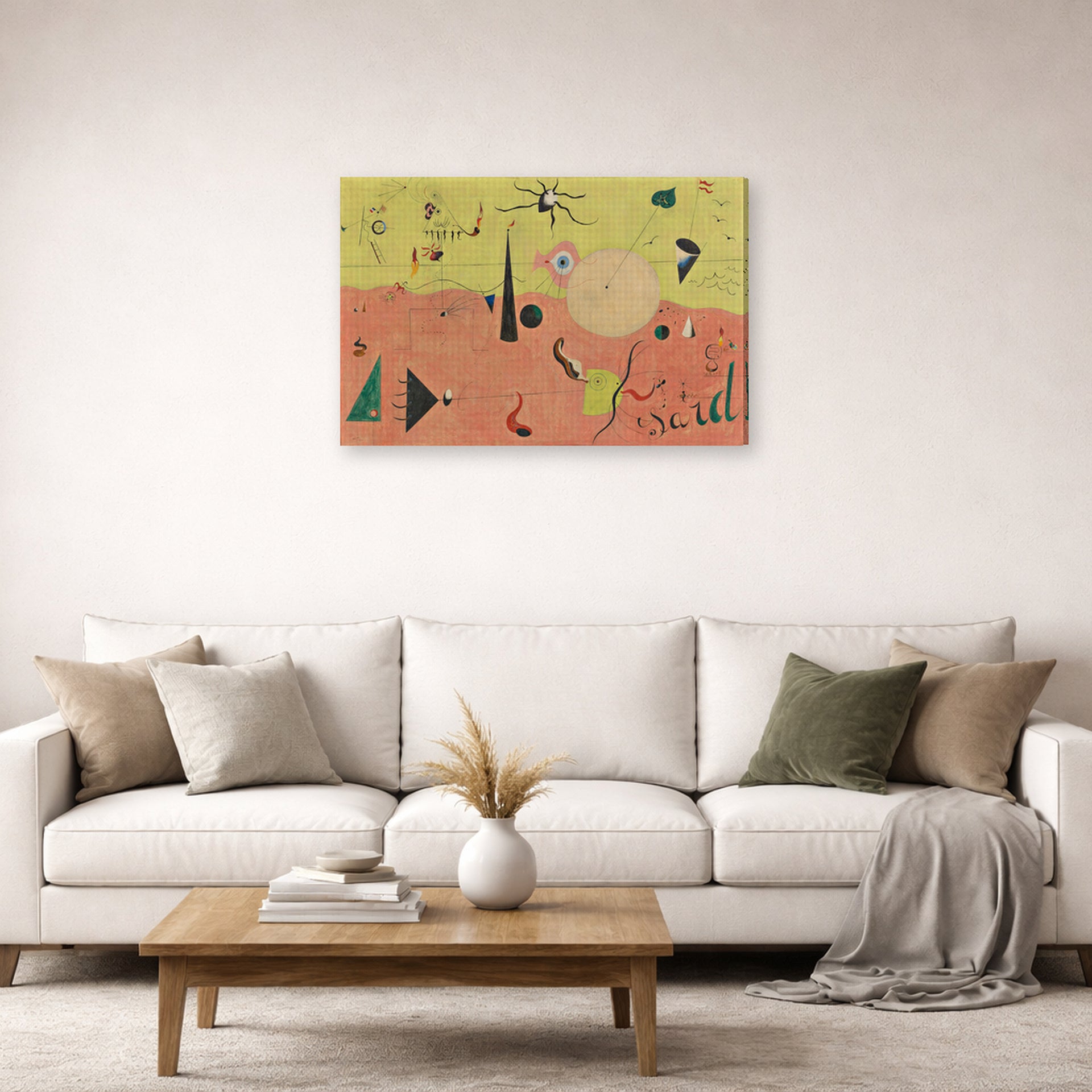 Gallery-wrapped canvas print of Joan Miró's 'The Hunter (catalan Landscape)' displayed on a wall in a living room