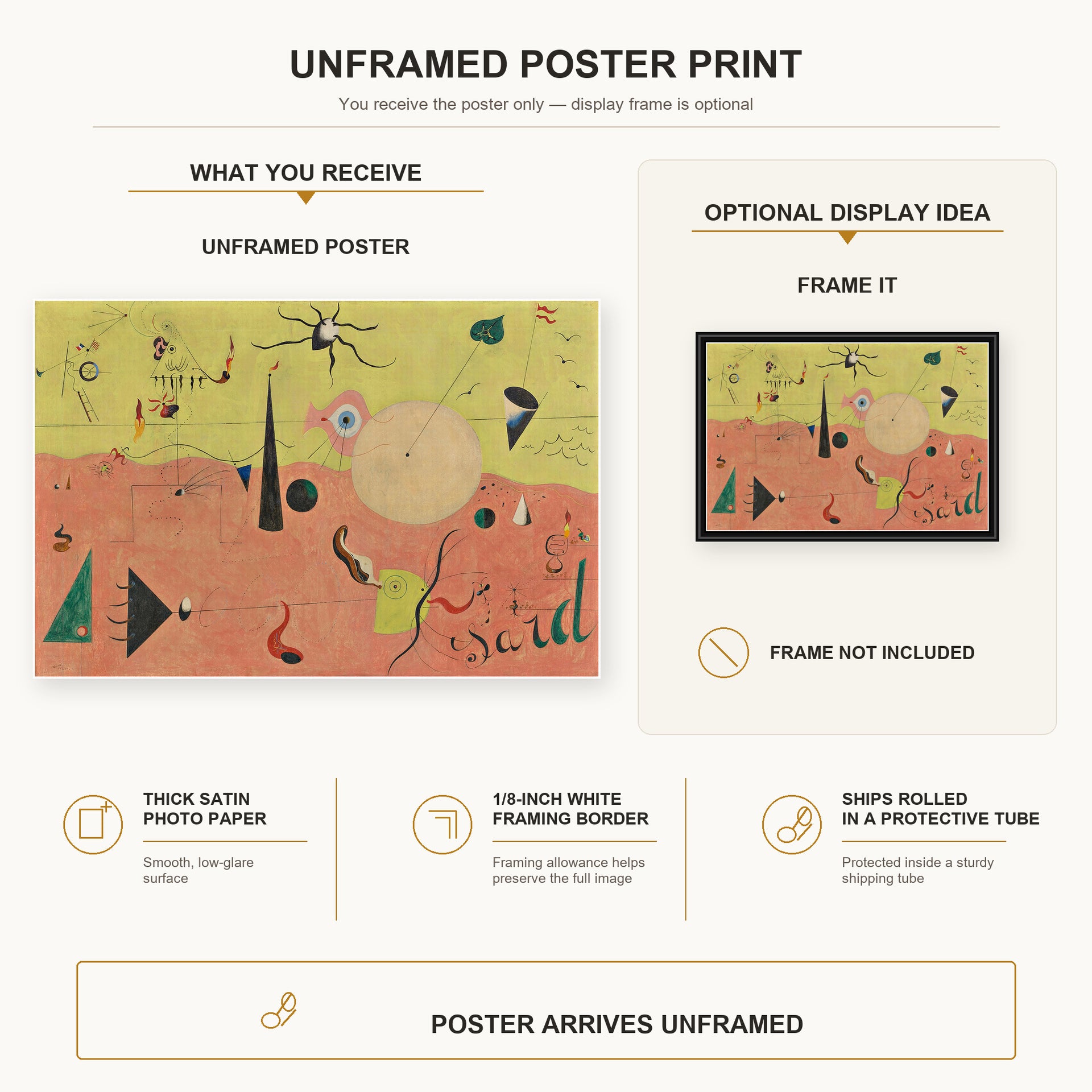 Joan Miró - The Hunter (catalan Landscape) poster print size comparison and framing display infographic
