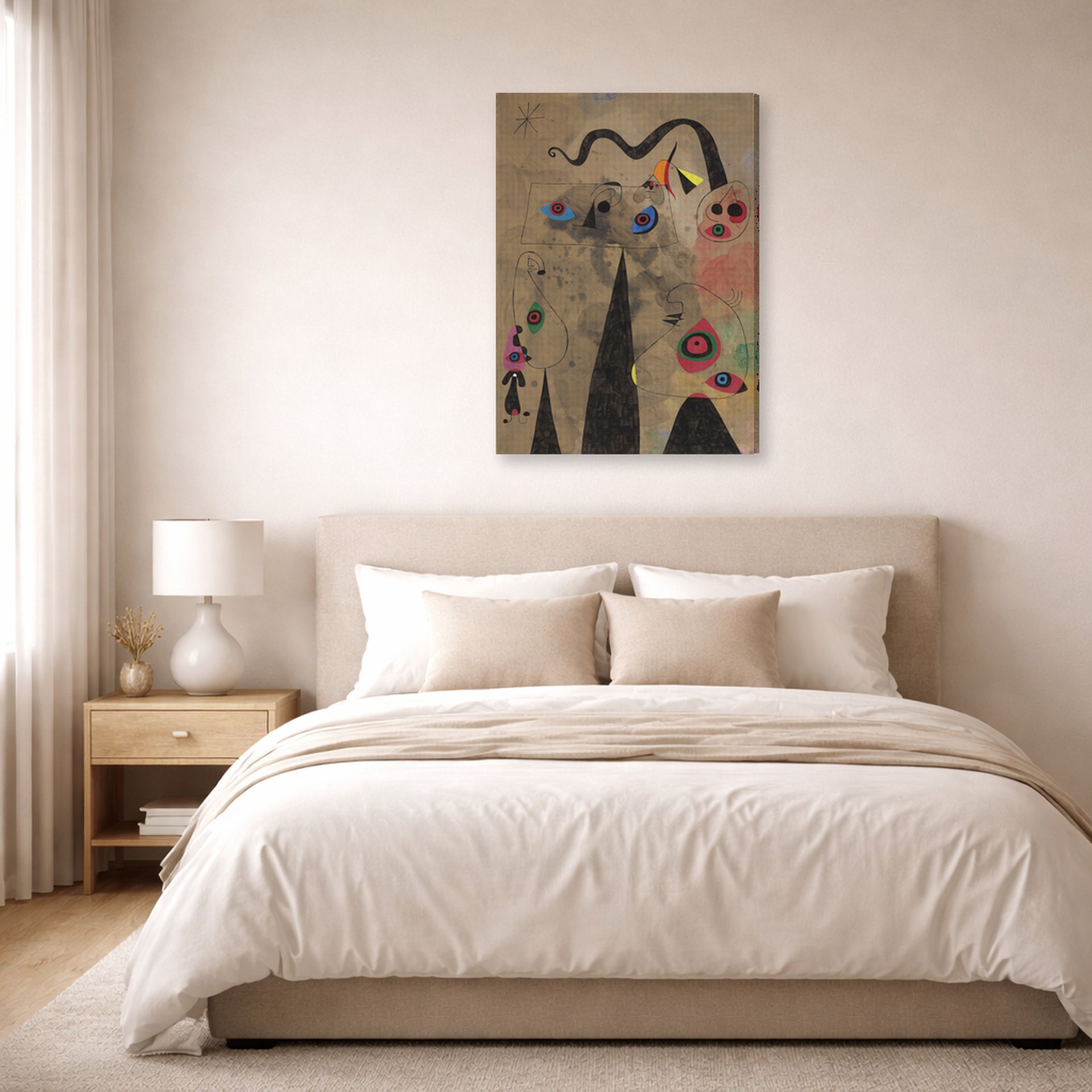 Gallery-wrapped canvas print of Joan Miró's 'The Poppy Serpent Dragging on a Field of Violets Populated by Mourning Lizards' displayed on a wall in a bedroom