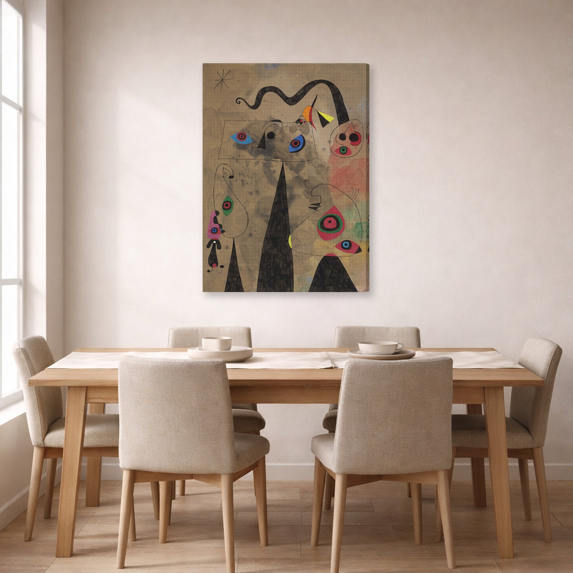 Gallery-wrapped canvas print of Joan Miró's 'The Poppy Serpent Dragging on a Field of Violets Populated by Mourning Lizards' displayed on a wall in a dining room